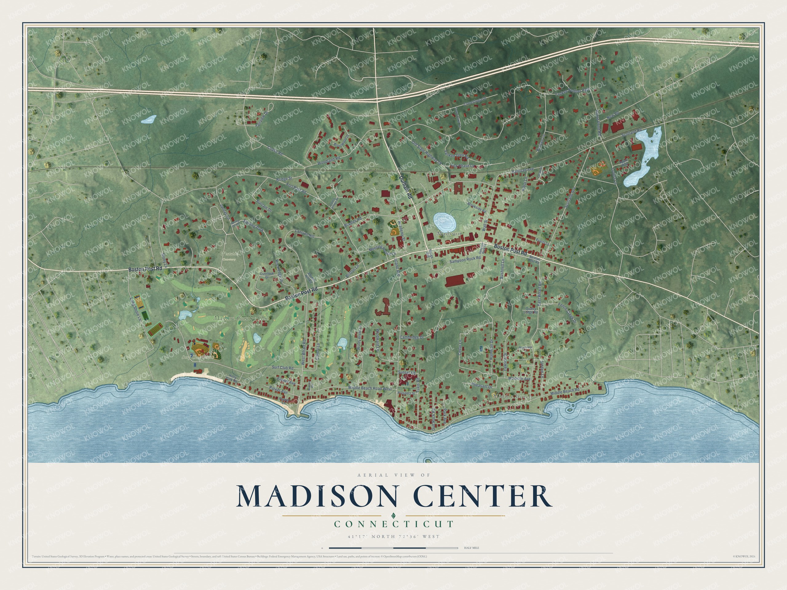 Full map of Madison Center, Connecticut, with red buildings, printed street names and the land around them