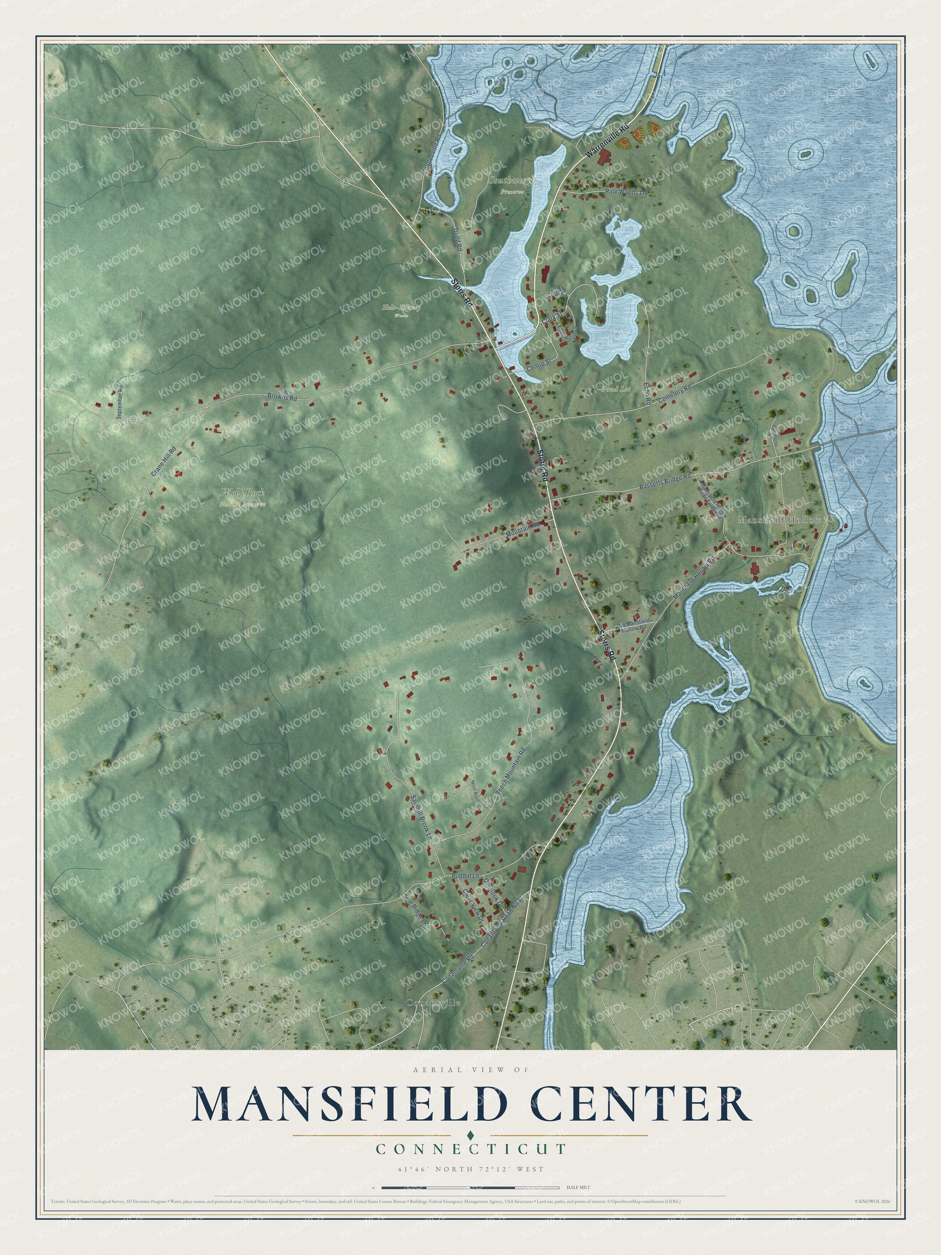 Full map of Mansfield Center, Connecticut, with red buildings, printed street names and the land around them