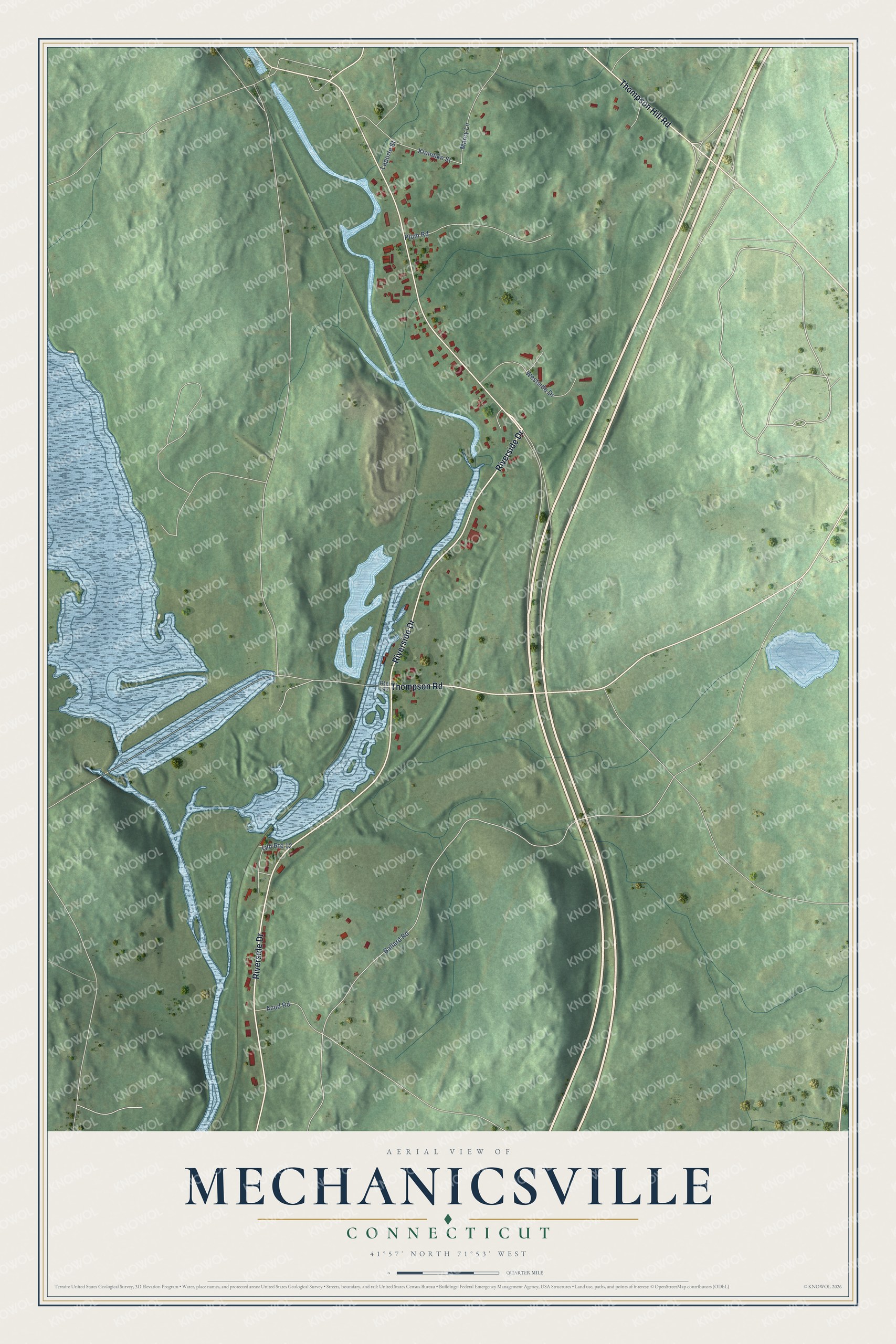 Full map of Mechanicsville, Connecticut, with red buildings, printed street names and the land around them