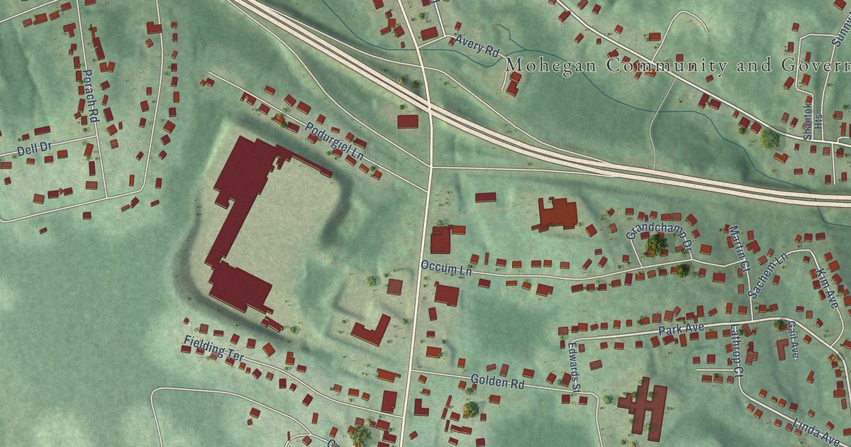 Close-up of streets and buildings in Mohegan, Connecticut