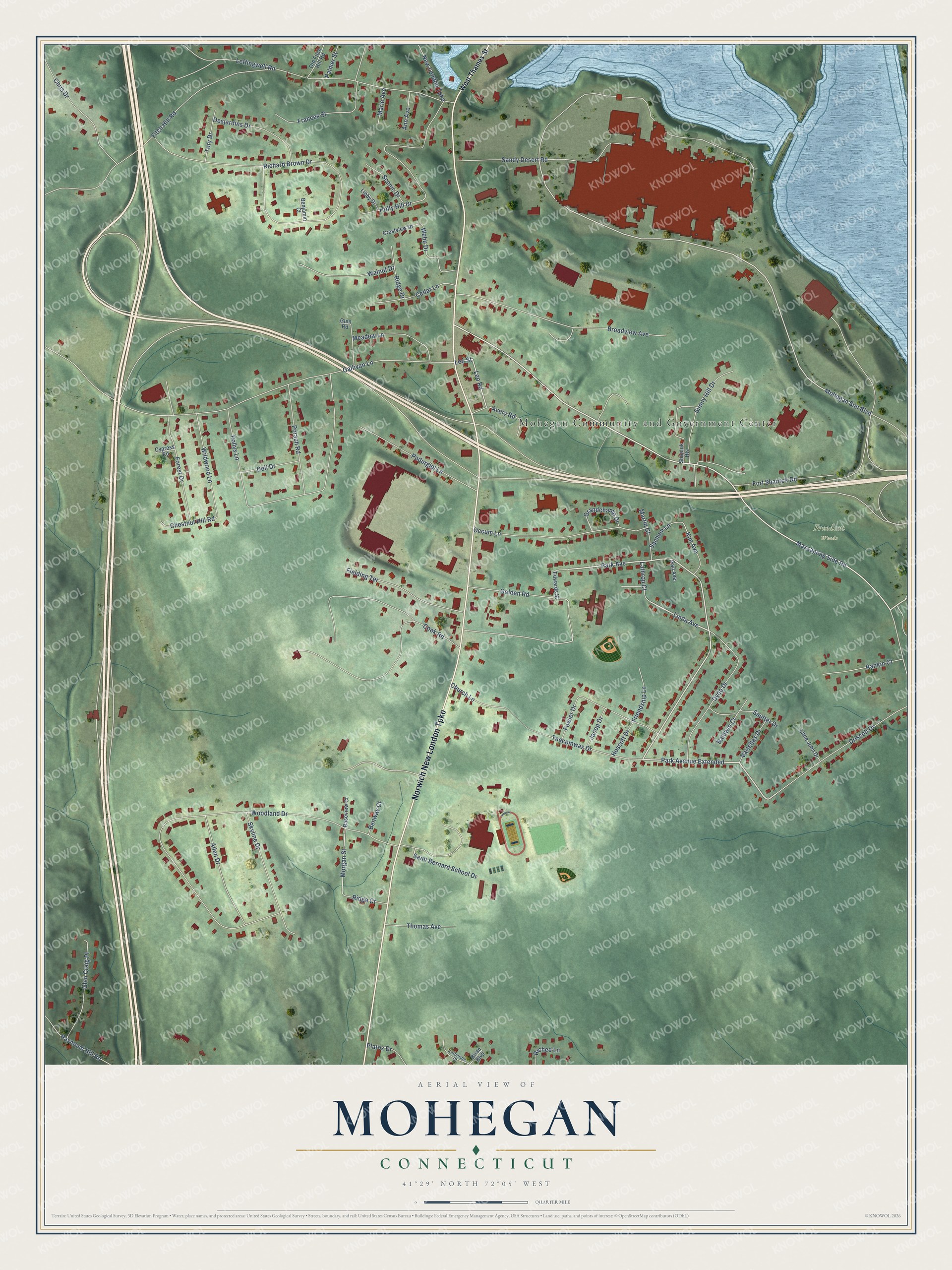 Full map of Mohegan, Connecticut, with red buildings, printed street names and the land around them