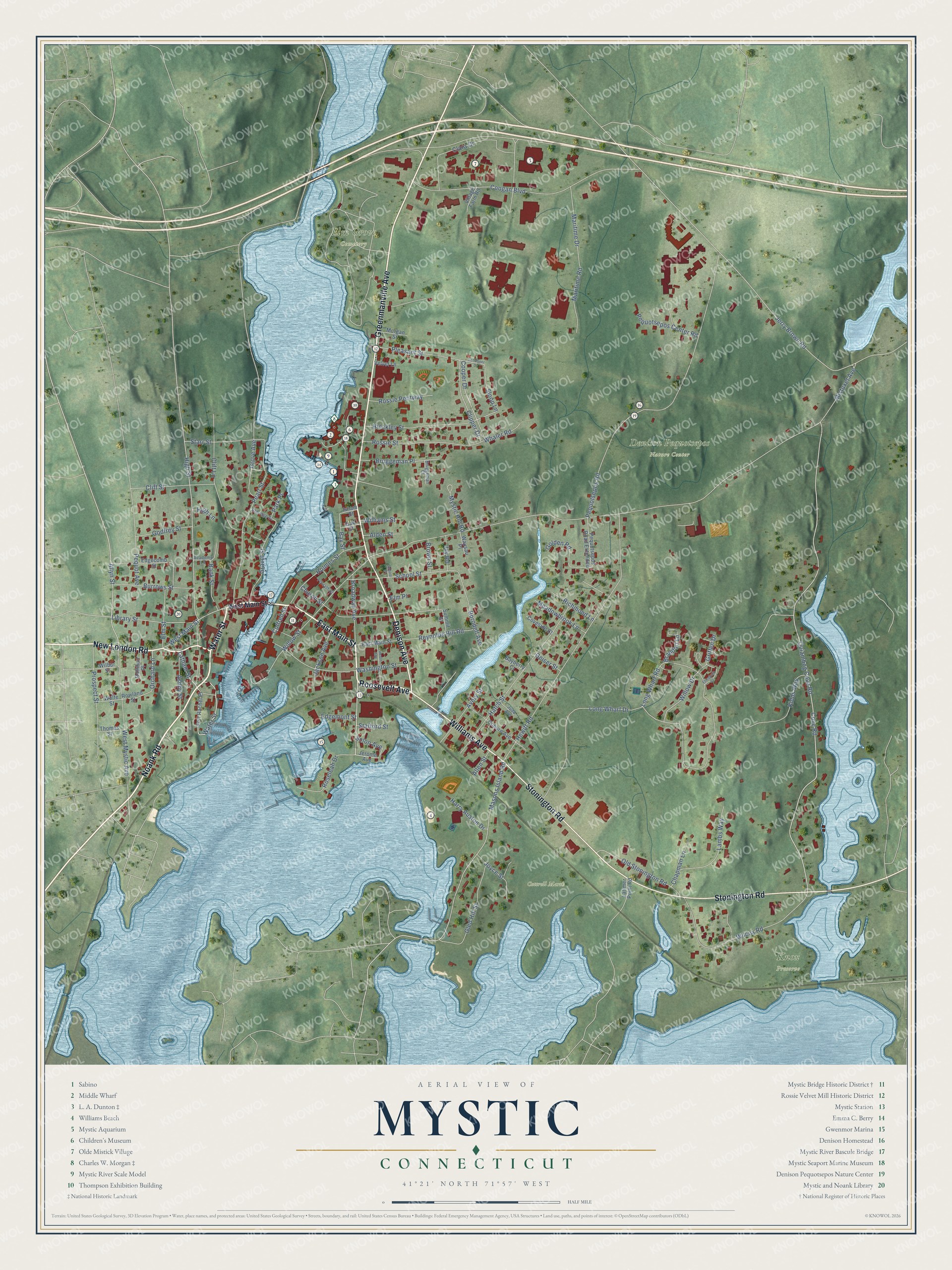 Full map of Mystic, Connecticut, with red buildings, printed street names and the land around them