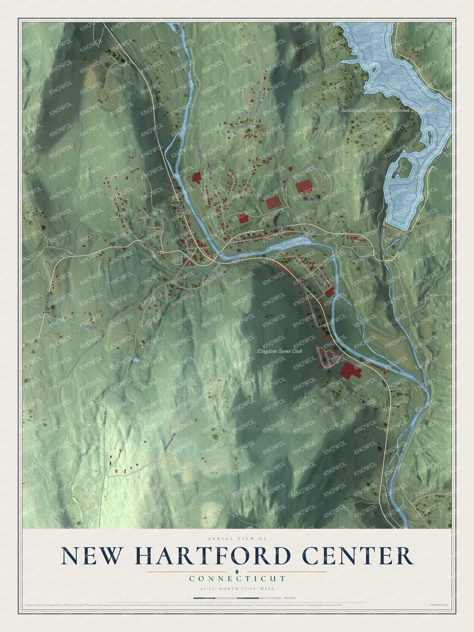 Full map of New Hartford Center, Connecticut, with red buildings, printed street names and the land around them