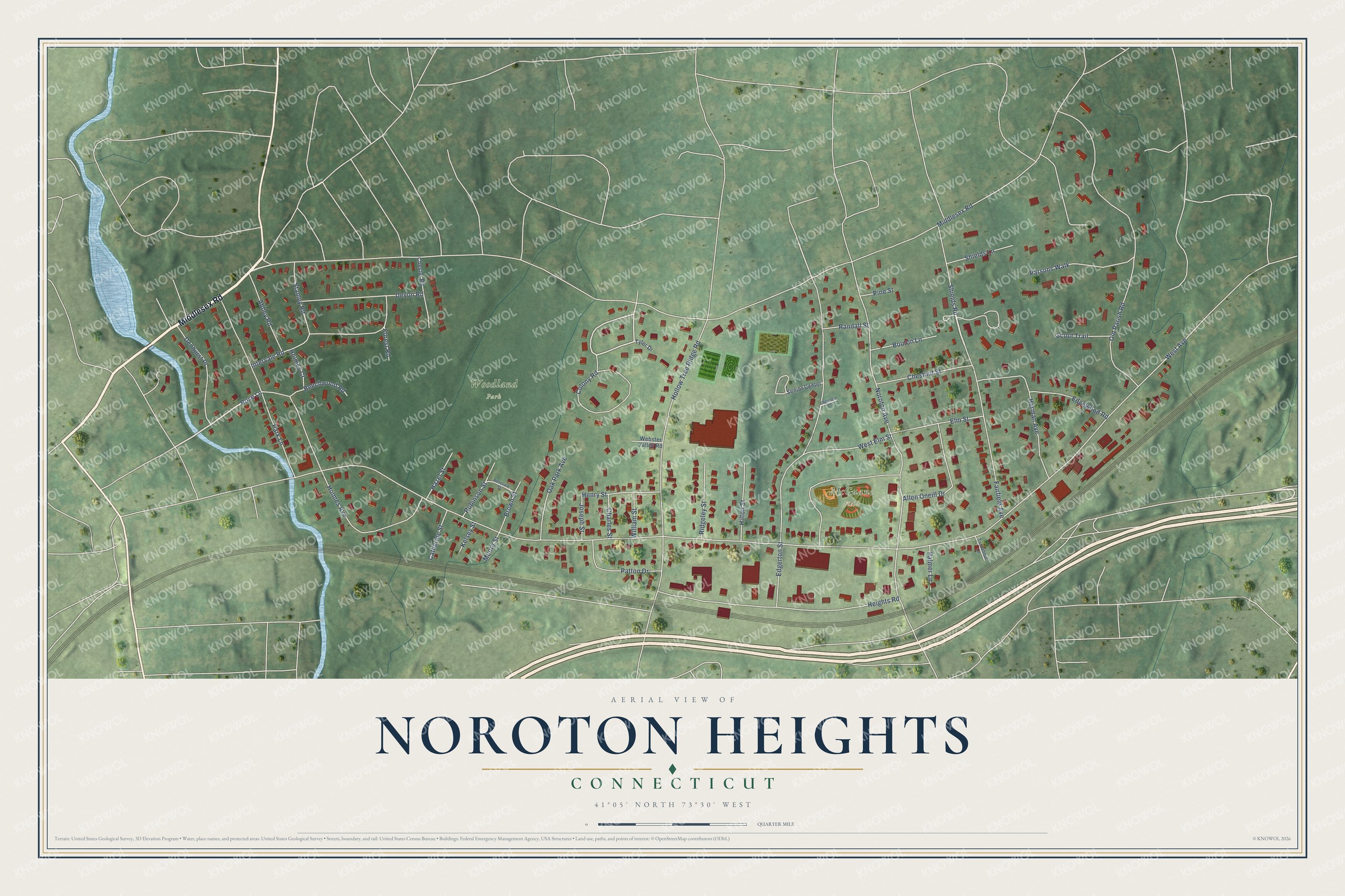 Full map of Noroton Heights, Connecticut, with red buildings, printed street names and the land around them