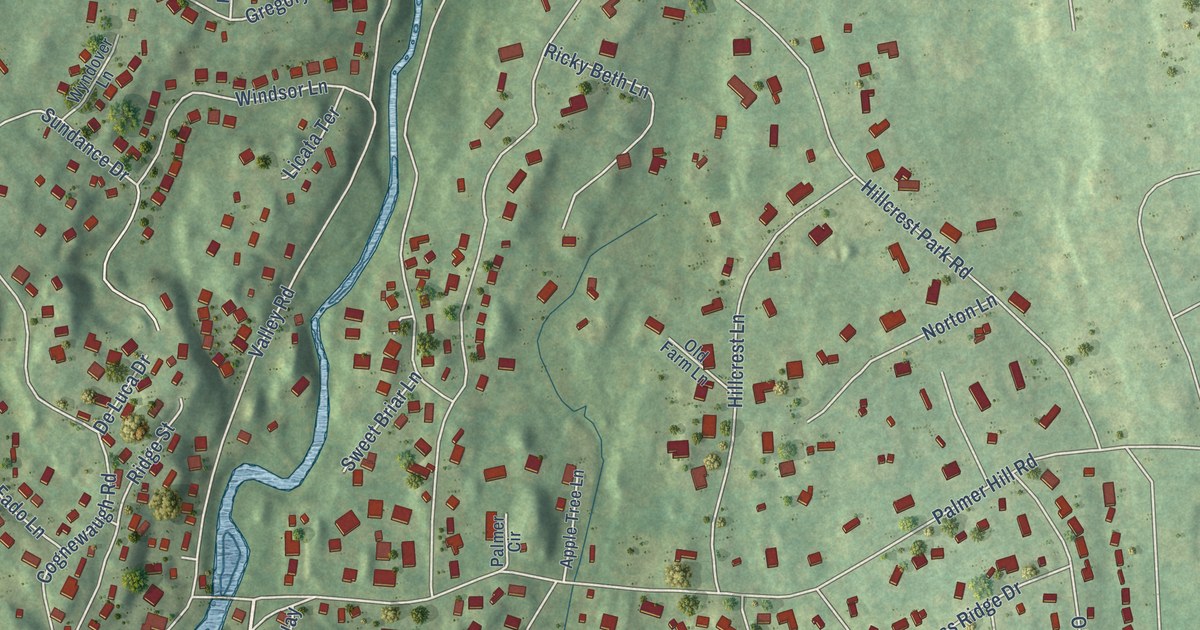 Close-up of streets and buildings in North Mianus, Connecticut