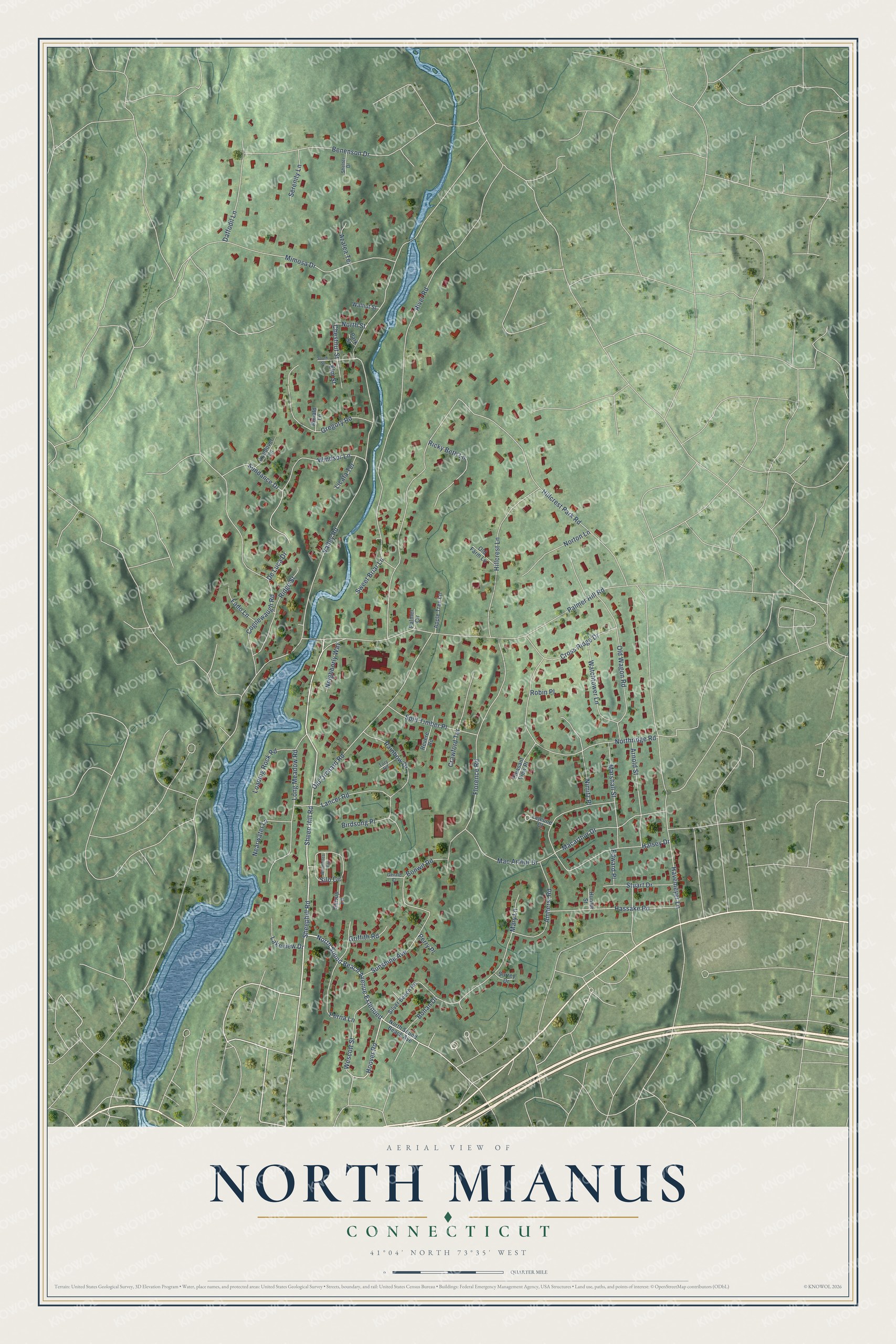 Full map of North Mianus, Connecticut, with red buildings, printed street names and the land around them