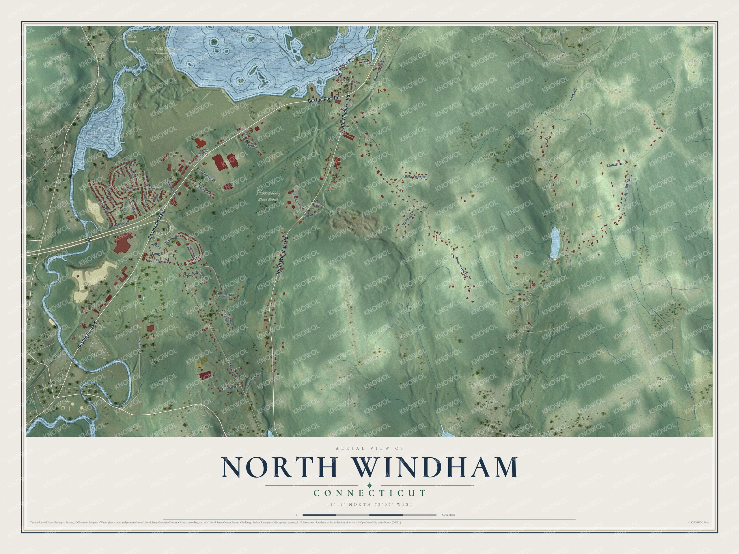 Full map of North Windham, Connecticut, with red buildings, printed street names and the land around them