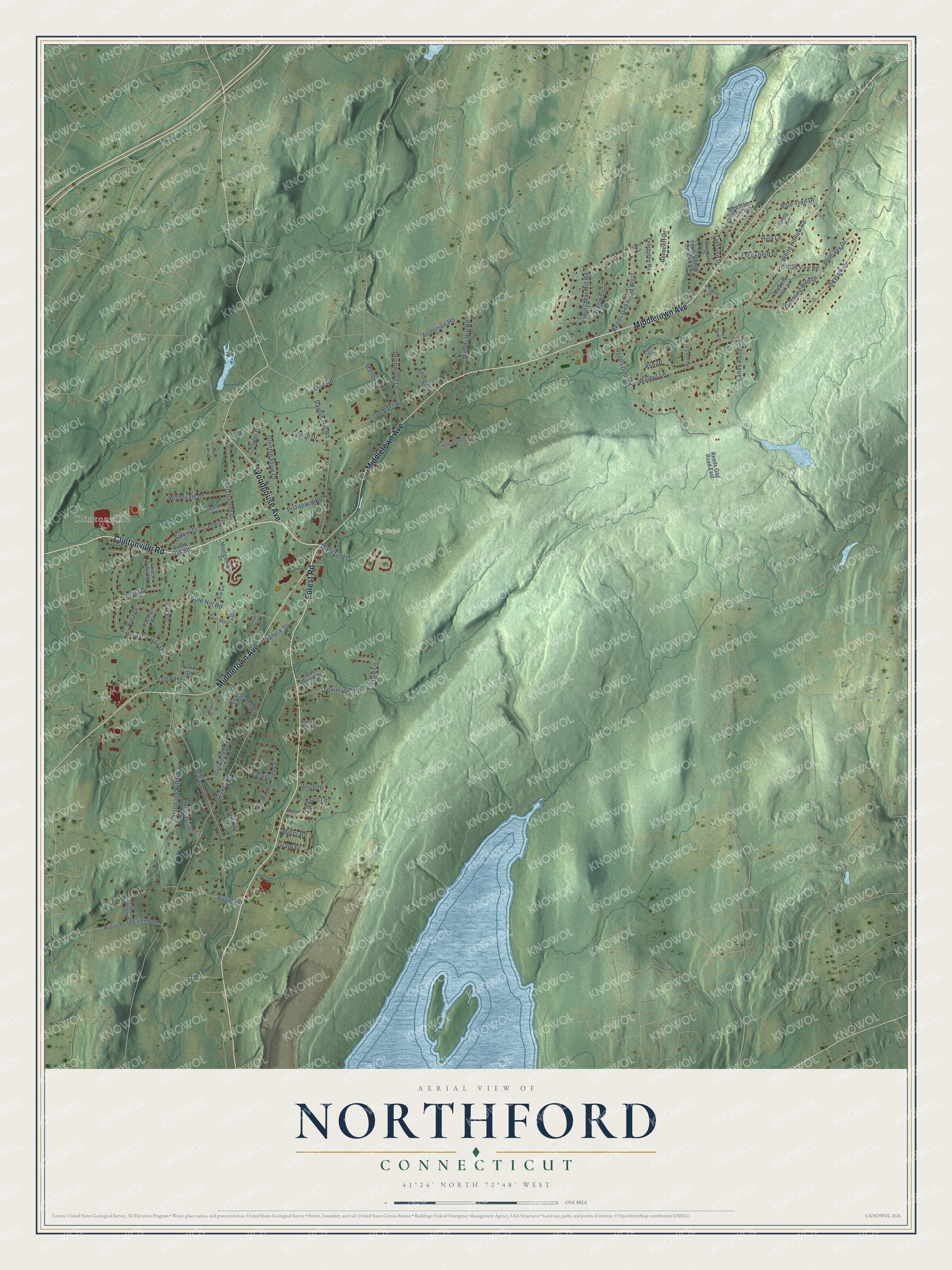 Full map of Northford, Connecticut, with red buildings, printed street names and the land around them