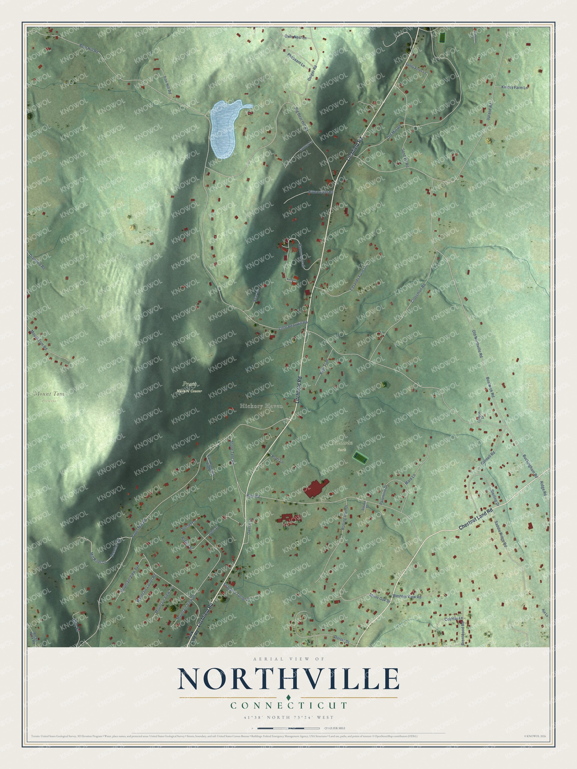Full map of Northville, Connecticut, with red buildings, printed street names and the land around them