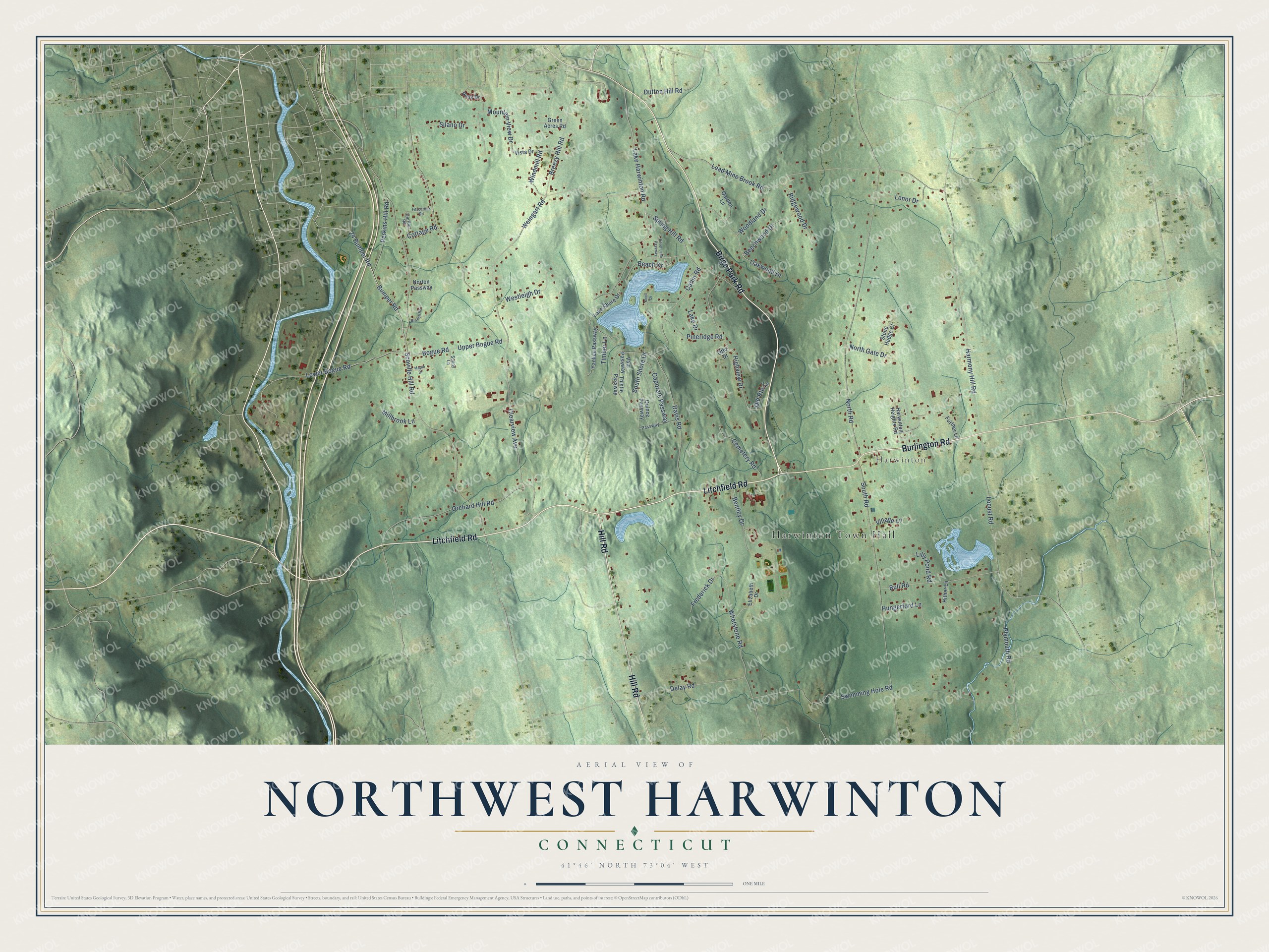 Full map of Northwest Harwinton, Connecticut, with red buildings, printed street names and the land around them
