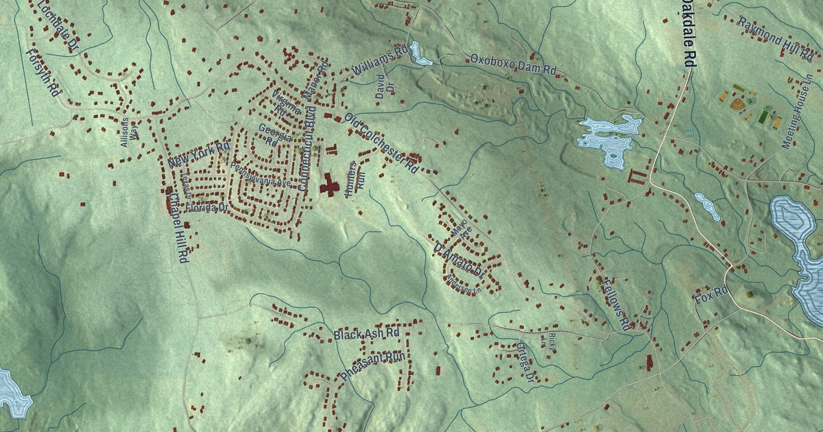 Close-up of streets and buildings in Oakdale, Connecticut