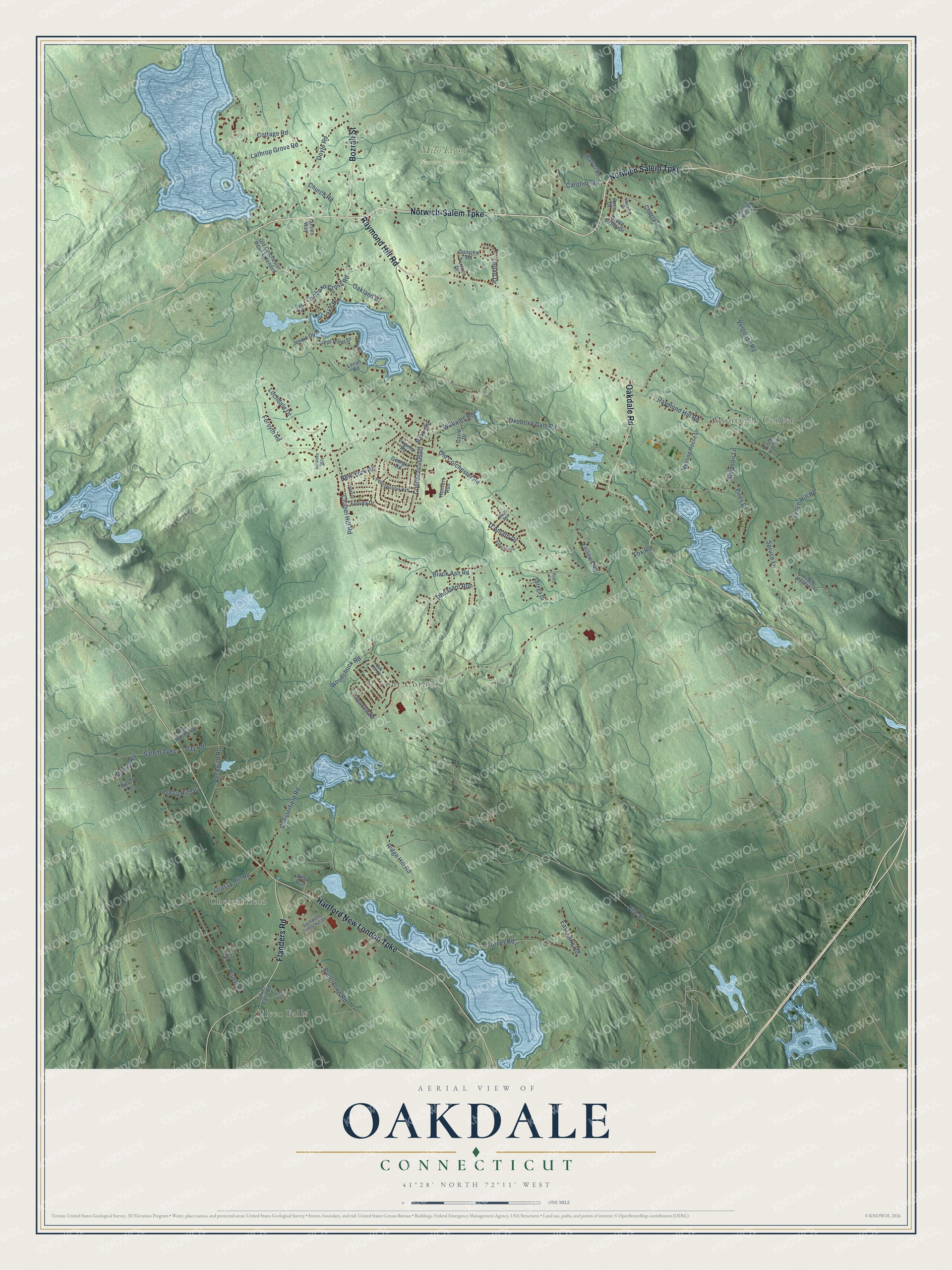 Full map of Oakdale, Connecticut, with red buildings, printed street names and the land around them