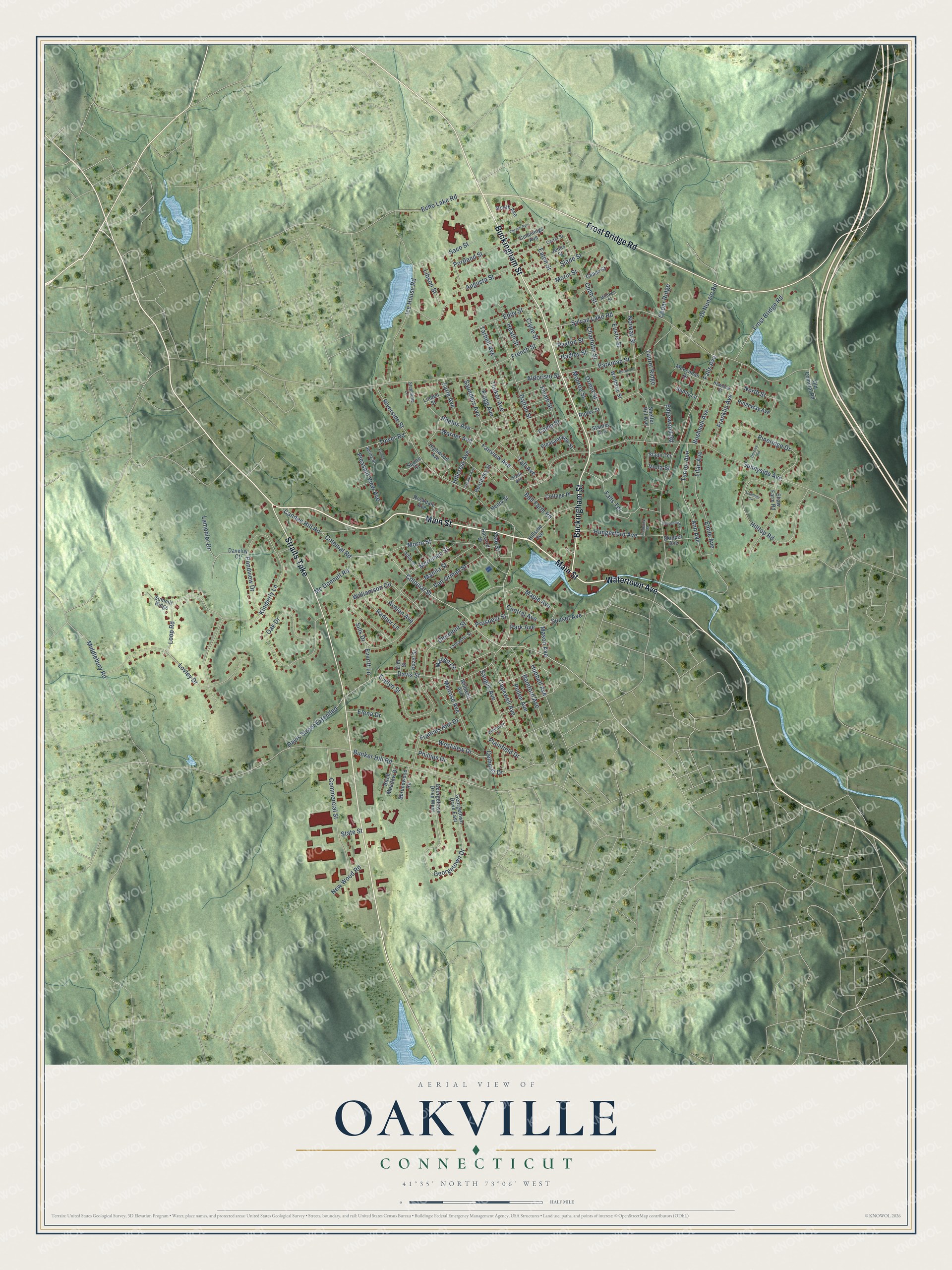 Full map of Oakville, Connecticut, with red buildings, printed street names and the land around them