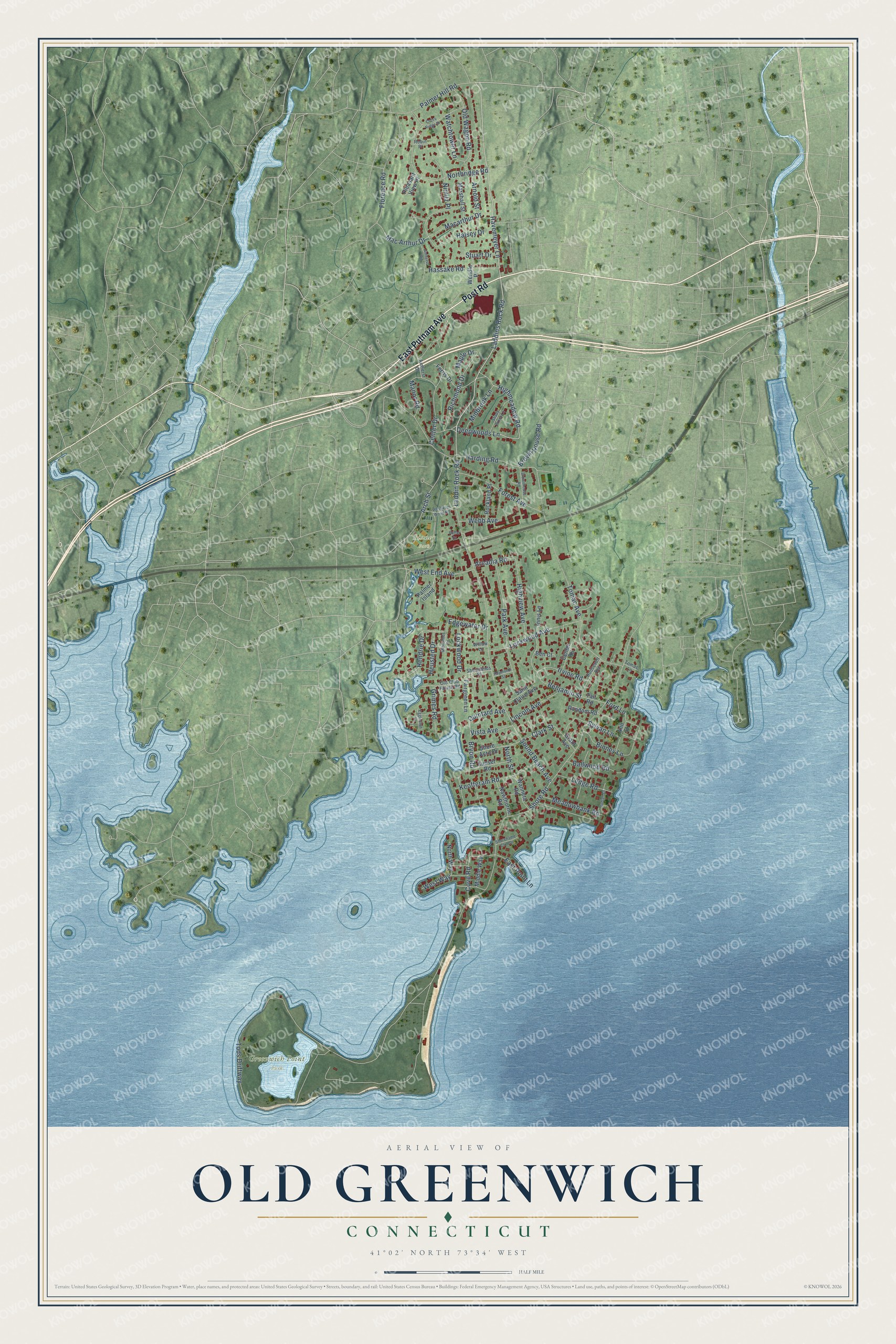 Full map of Old Greenwich, Connecticut, with red buildings, printed street names and the land around them