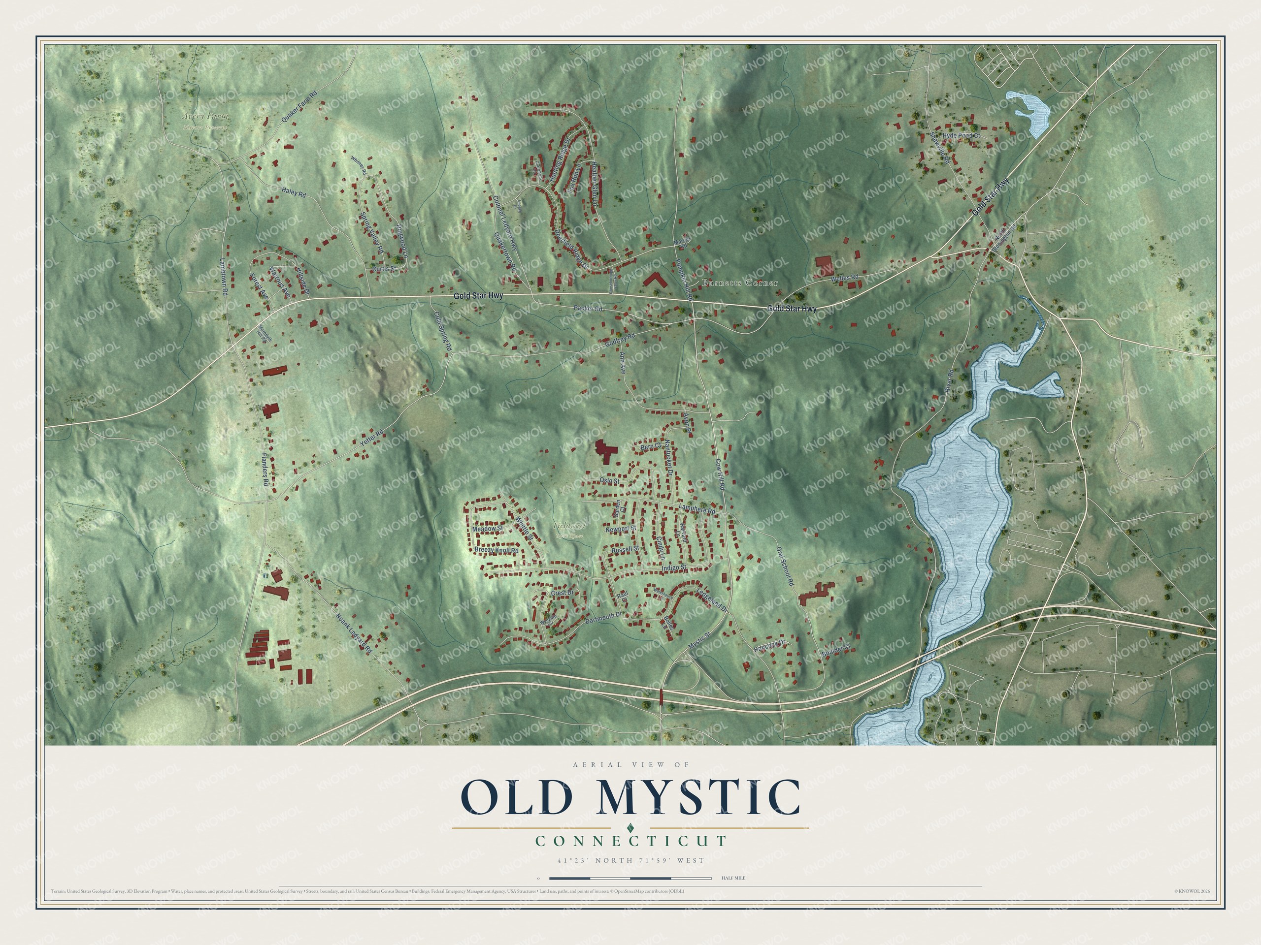 Full map of Old Mystic, Connecticut, with red buildings, printed street names and the land around them