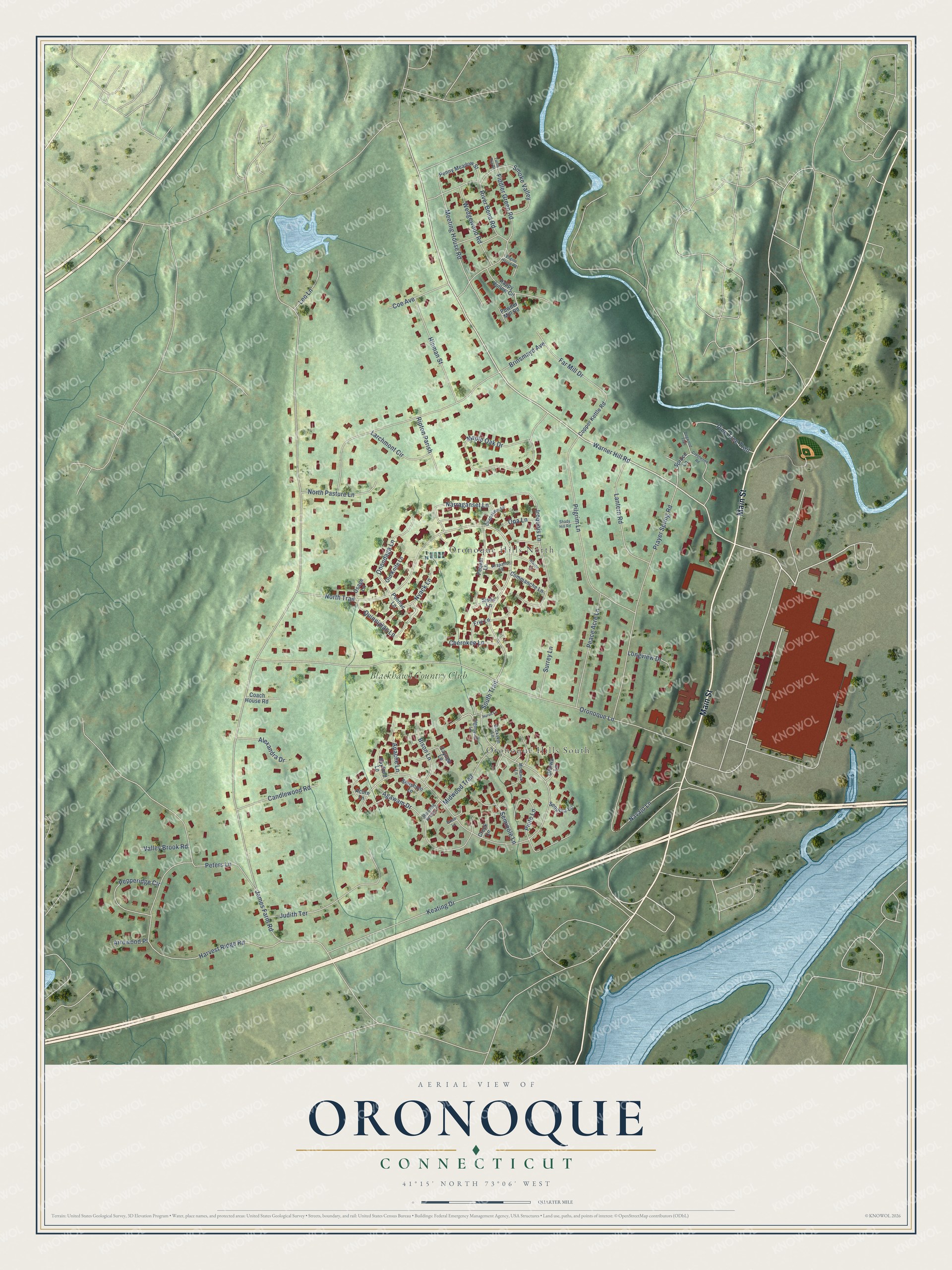 Full map of Oronoque, Connecticut, with red buildings, printed street names and the land around them