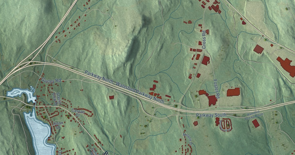 Close-up of streets and buildings in Oswegatchie, Connecticut