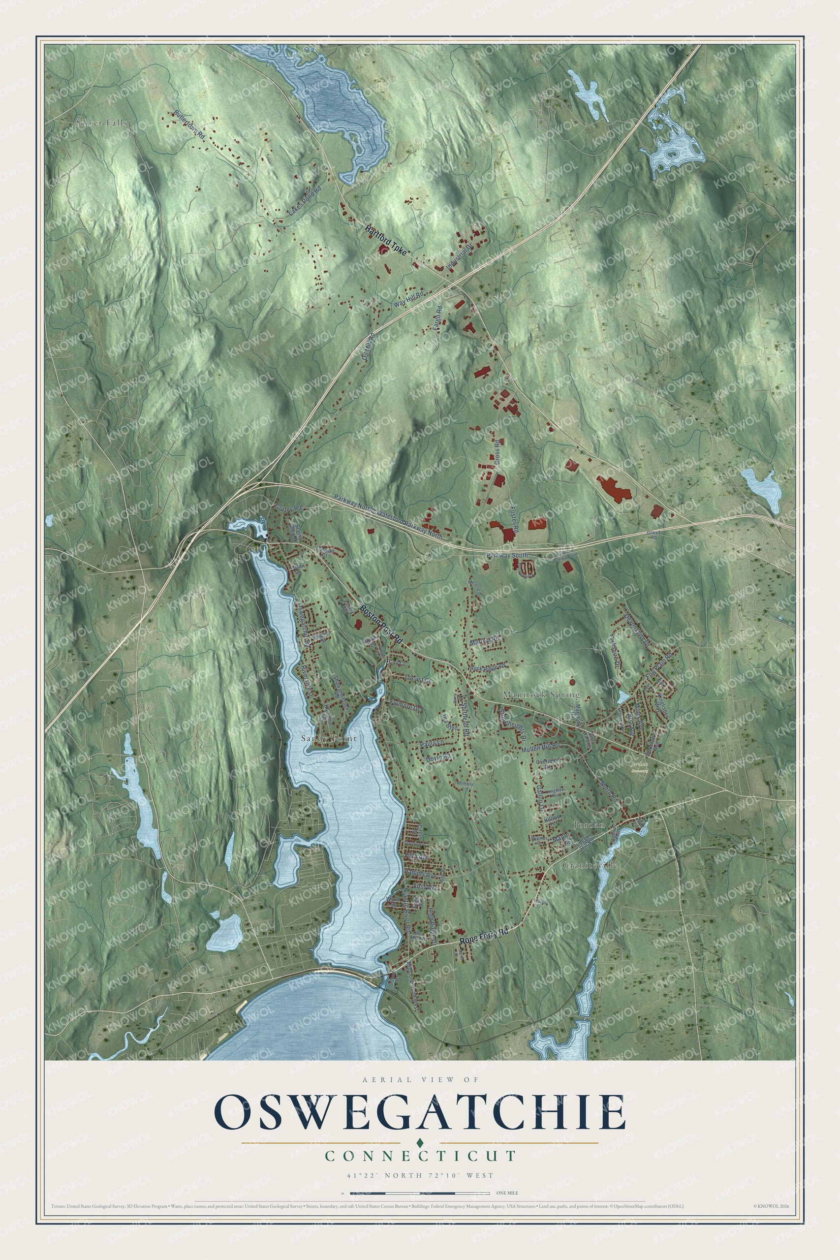 Full map of Oswegatchie, Connecticut, with red buildings, printed street names and the land around them