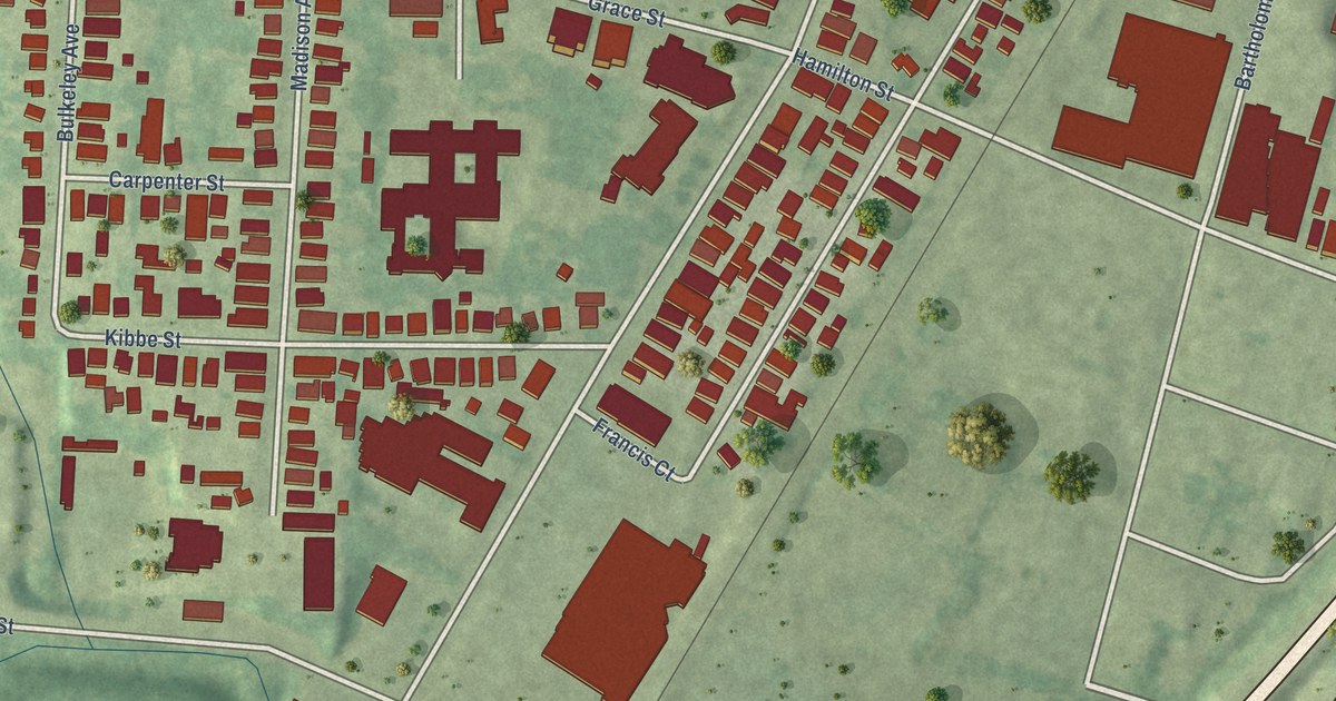 Close-up of streets and buildings in Parkville, Connecticut