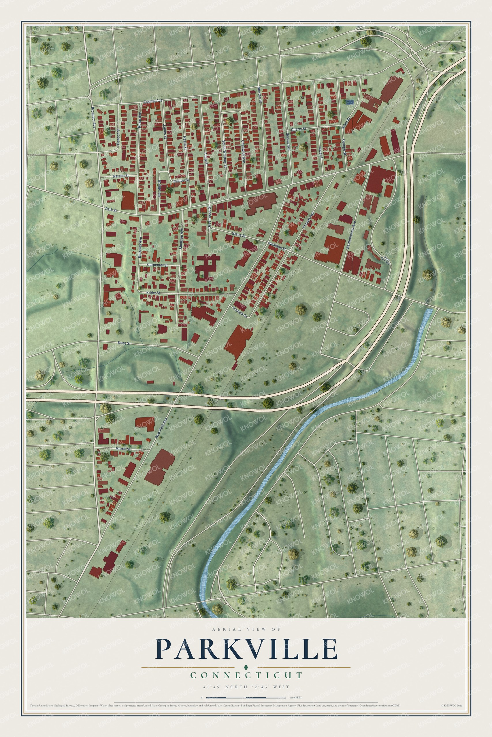 Full map of Parkville, Connecticut, with red buildings, printed street names and the land around them