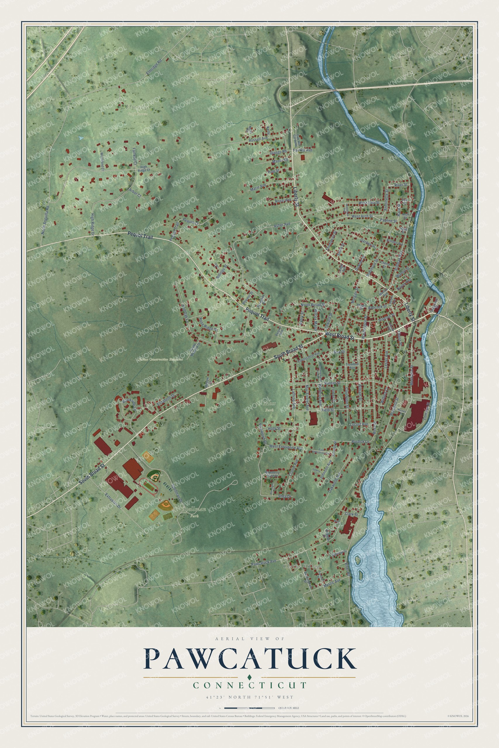 Full map of Pawcatuck, Connecticut, with red buildings, printed street names and the land around them