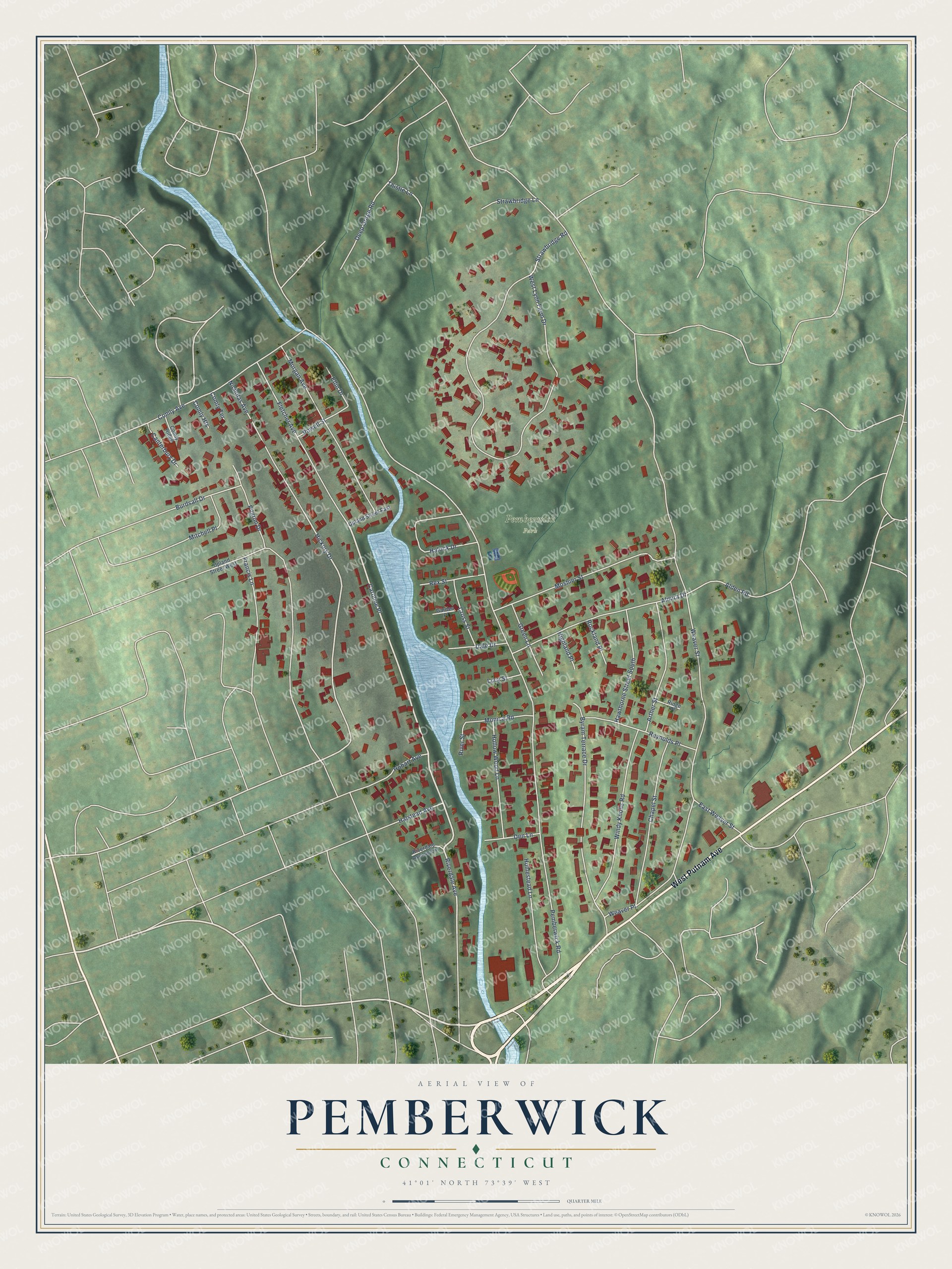 Full map of Pemberwick, Connecticut, with red buildings, printed street names and the land around them