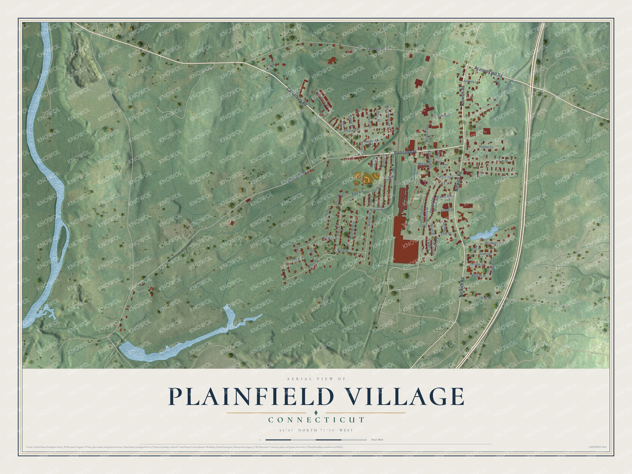 Full map of Plainfield Village, Connecticut, with red buildings, printed street names and the land around them