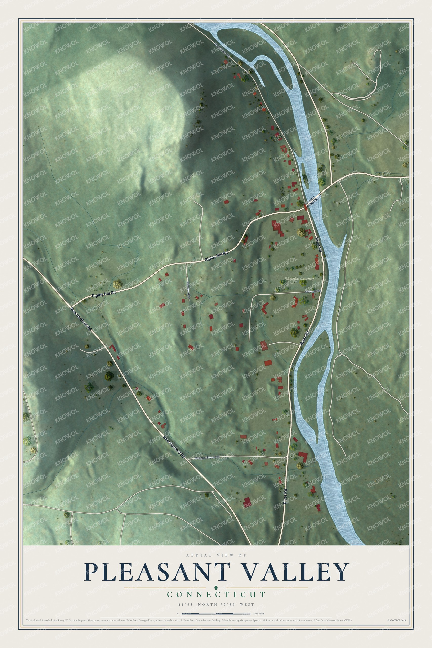 Full map of Pleasant Valley, Connecticut, with red buildings, printed street names and the land around them