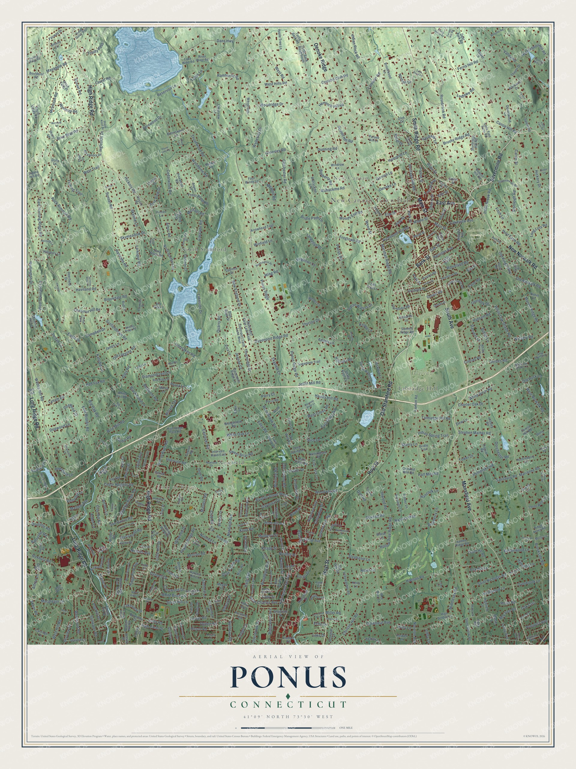 Full map of Ponus, Connecticut, with red buildings, printed street names and the land around them