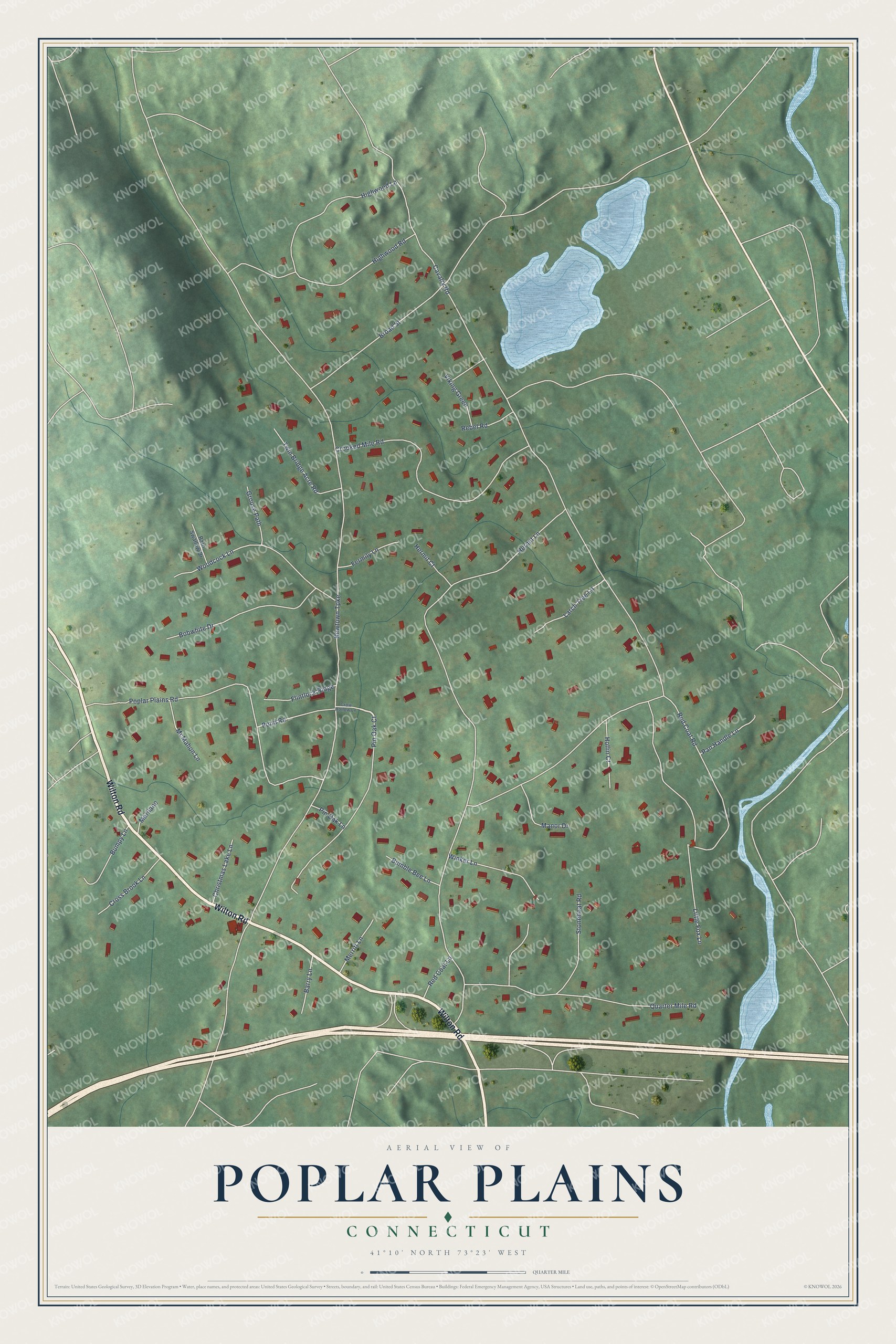 Full map of Poplar Plains, Connecticut, with red buildings, printed street names and the land around them