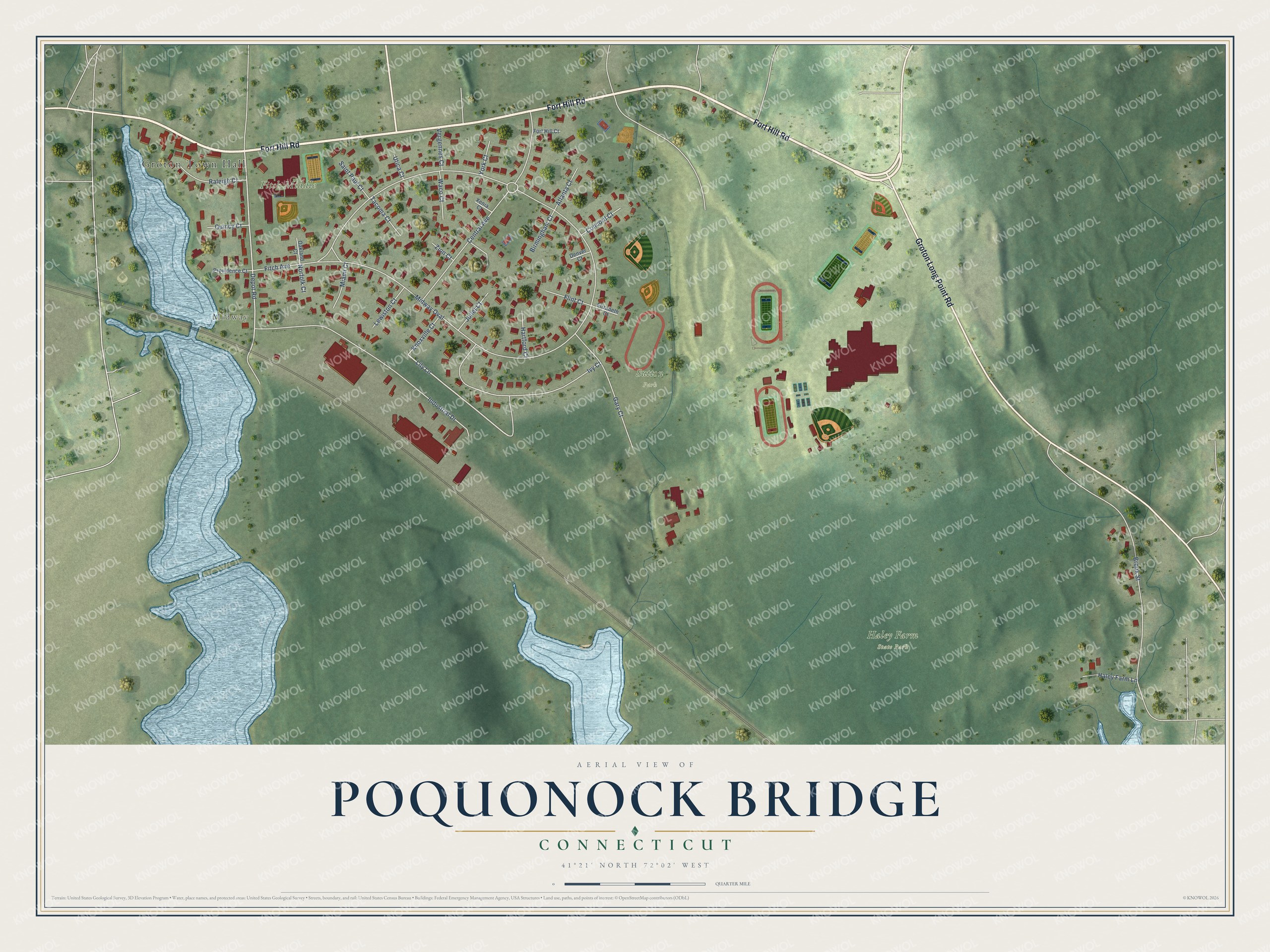 Full map of Poquonock Bridge, Connecticut, with red buildings, printed street names and the land around them