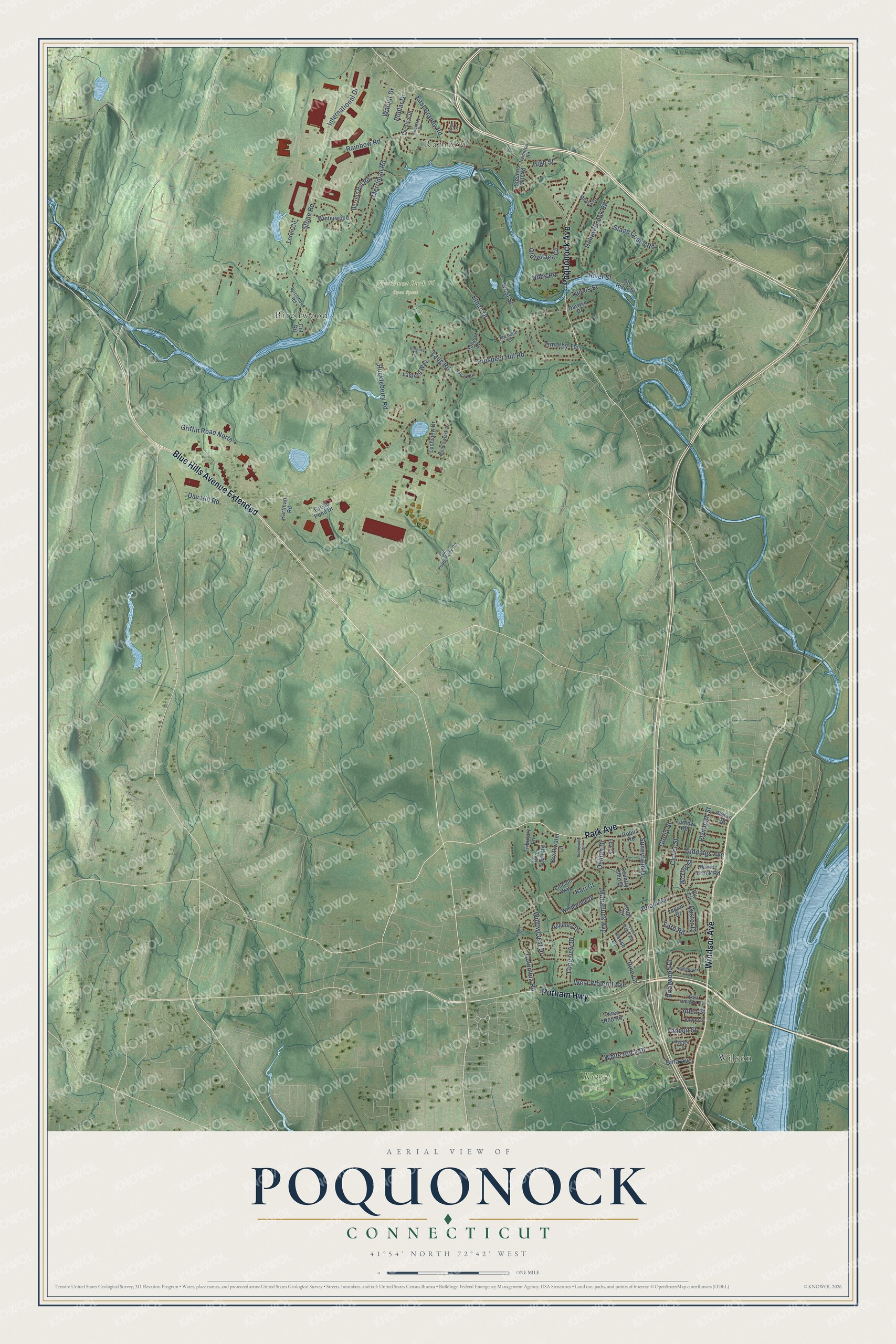 Full map of Poquonock, Connecticut, with red buildings, printed street names and the land around them