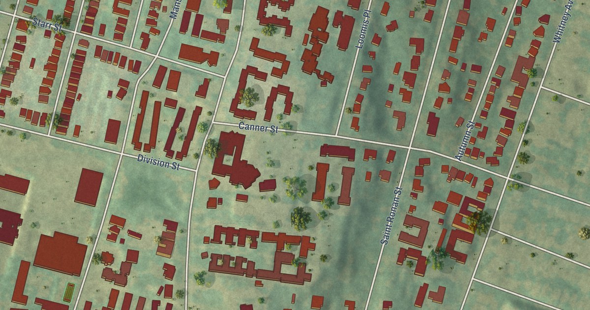 Close-up of streets and buildings in Prospect Hill, Connecticut