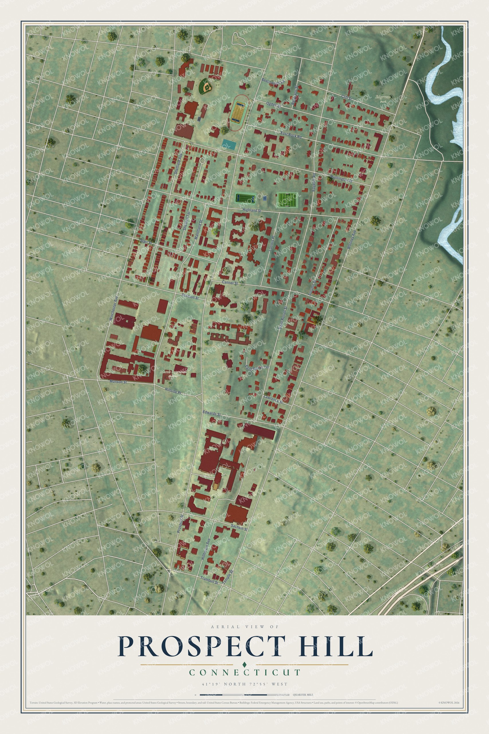 Full map of Prospect Hill, Connecticut, with red buildings, printed street names and the land around them