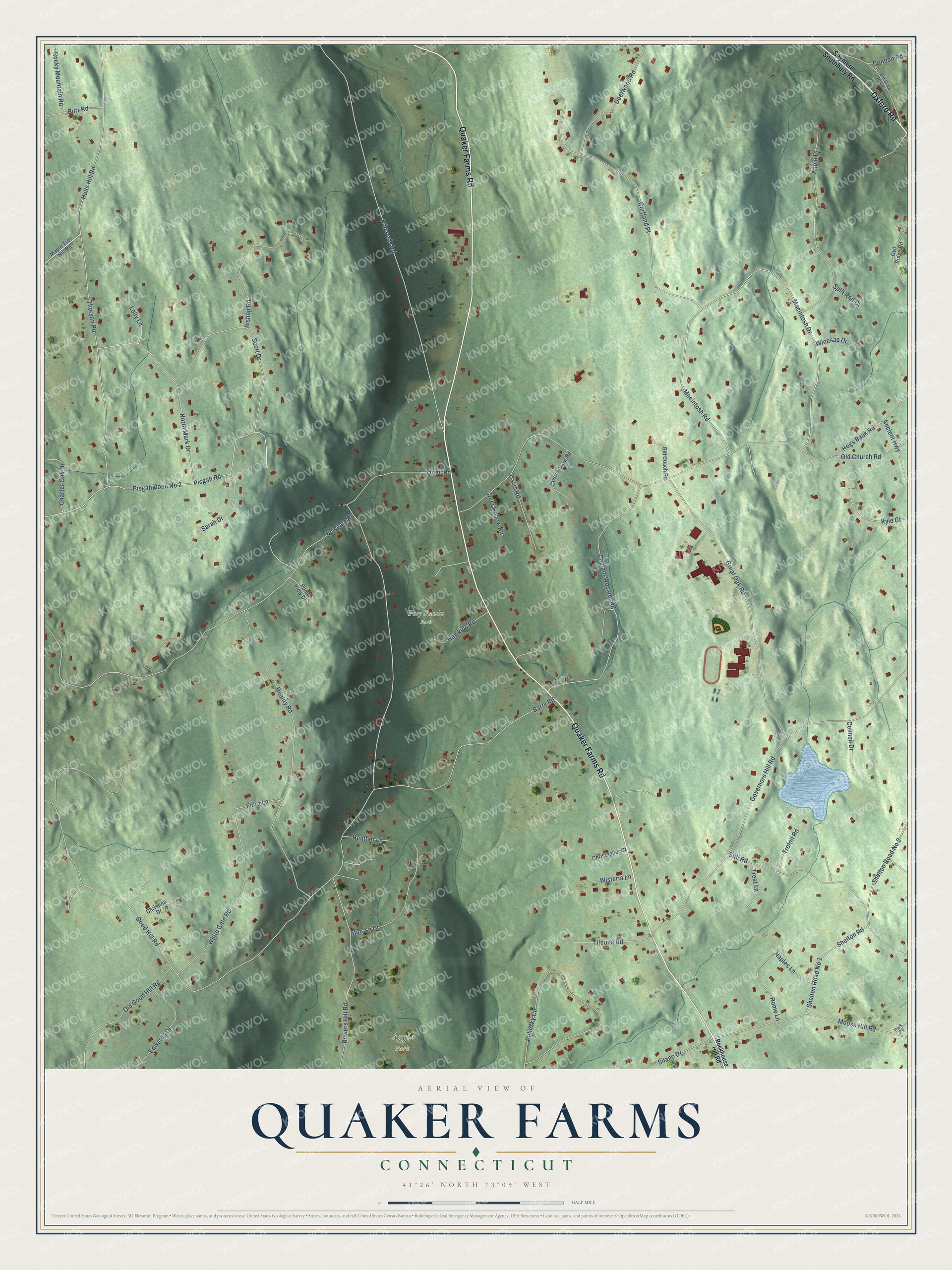 Full map of Quaker Farms, Connecticut, with red buildings, printed street names and the land around them