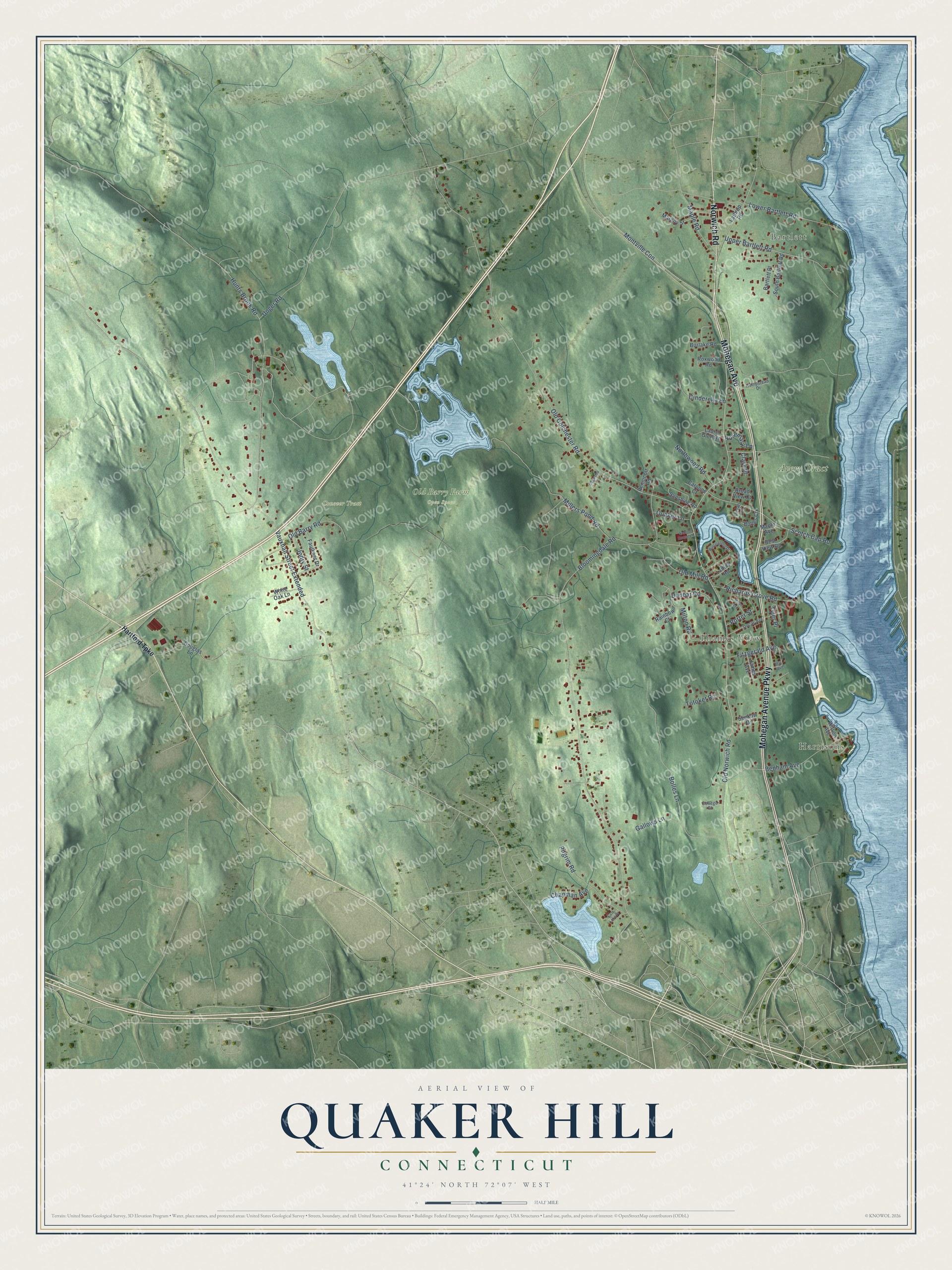 Full map of Quaker Hill, Connecticut, with red buildings, printed street names and the land around them