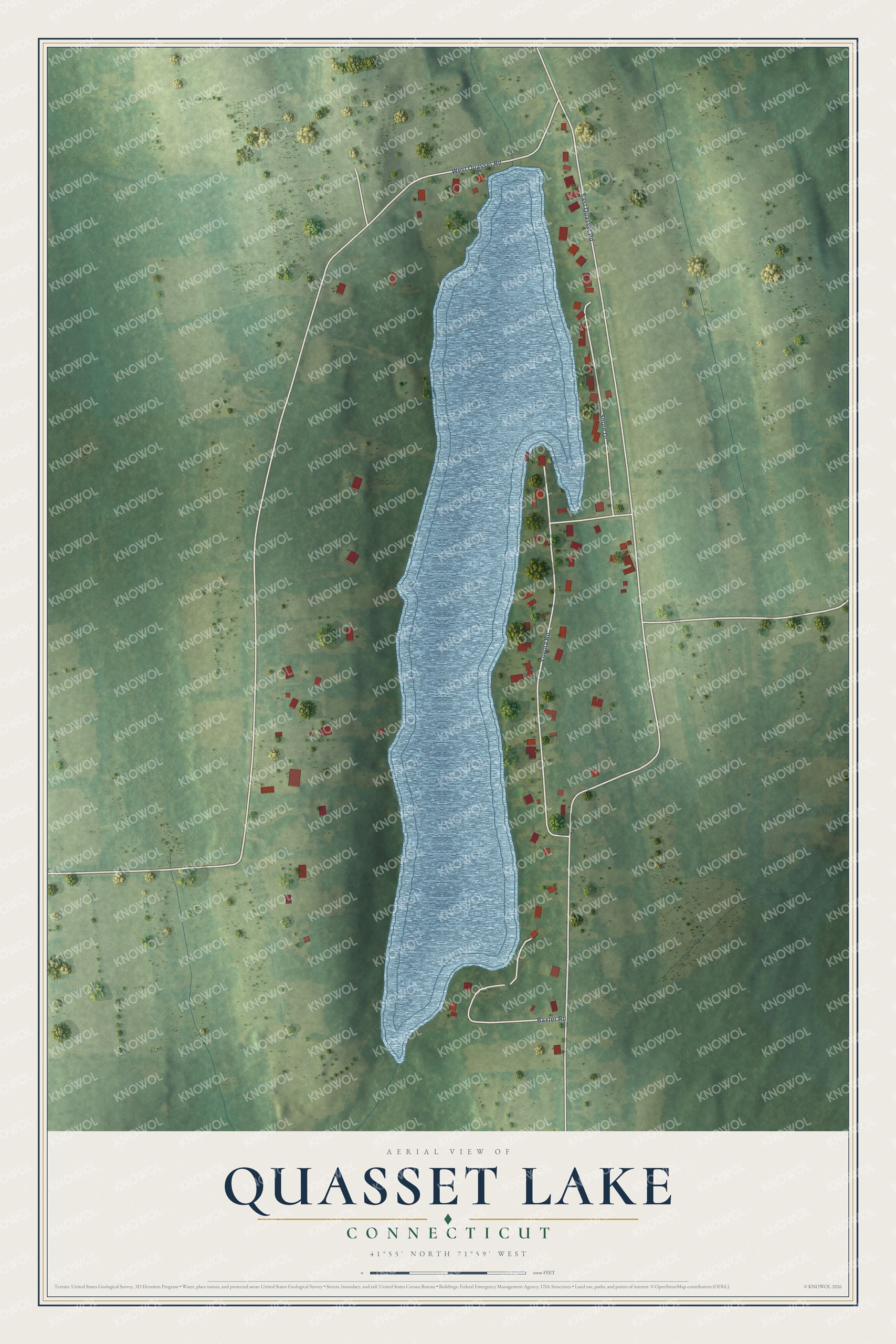 Full map of Quasset Lake, Connecticut, with red buildings, printed street names and the land around them