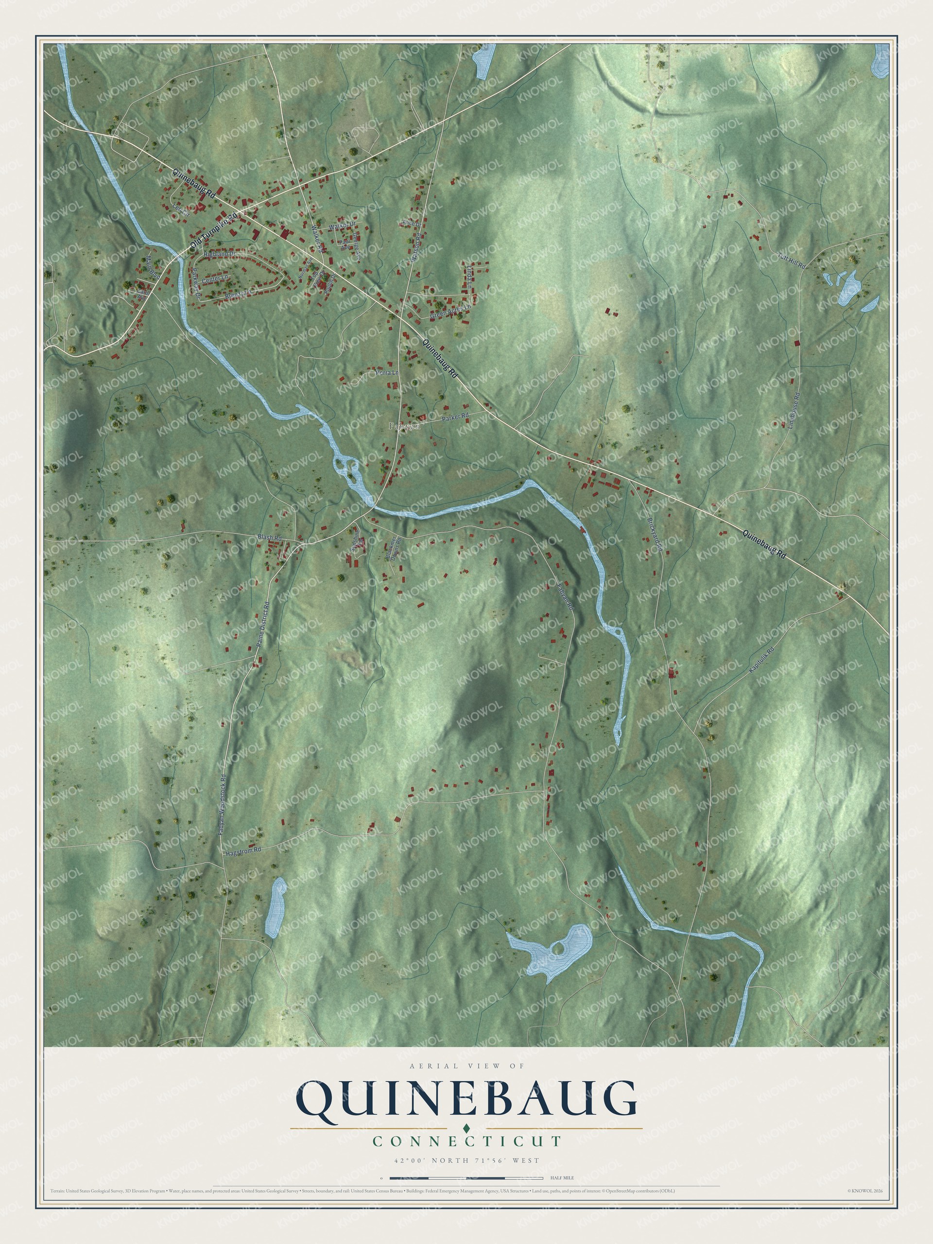 Full map of Quinebaug, Connecticut, with red buildings, printed street names and the land around them