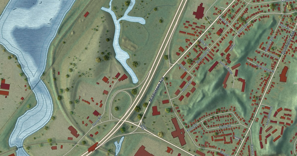 Close-up of streets and buildings in Quinnipiac Meadows, Connecticut