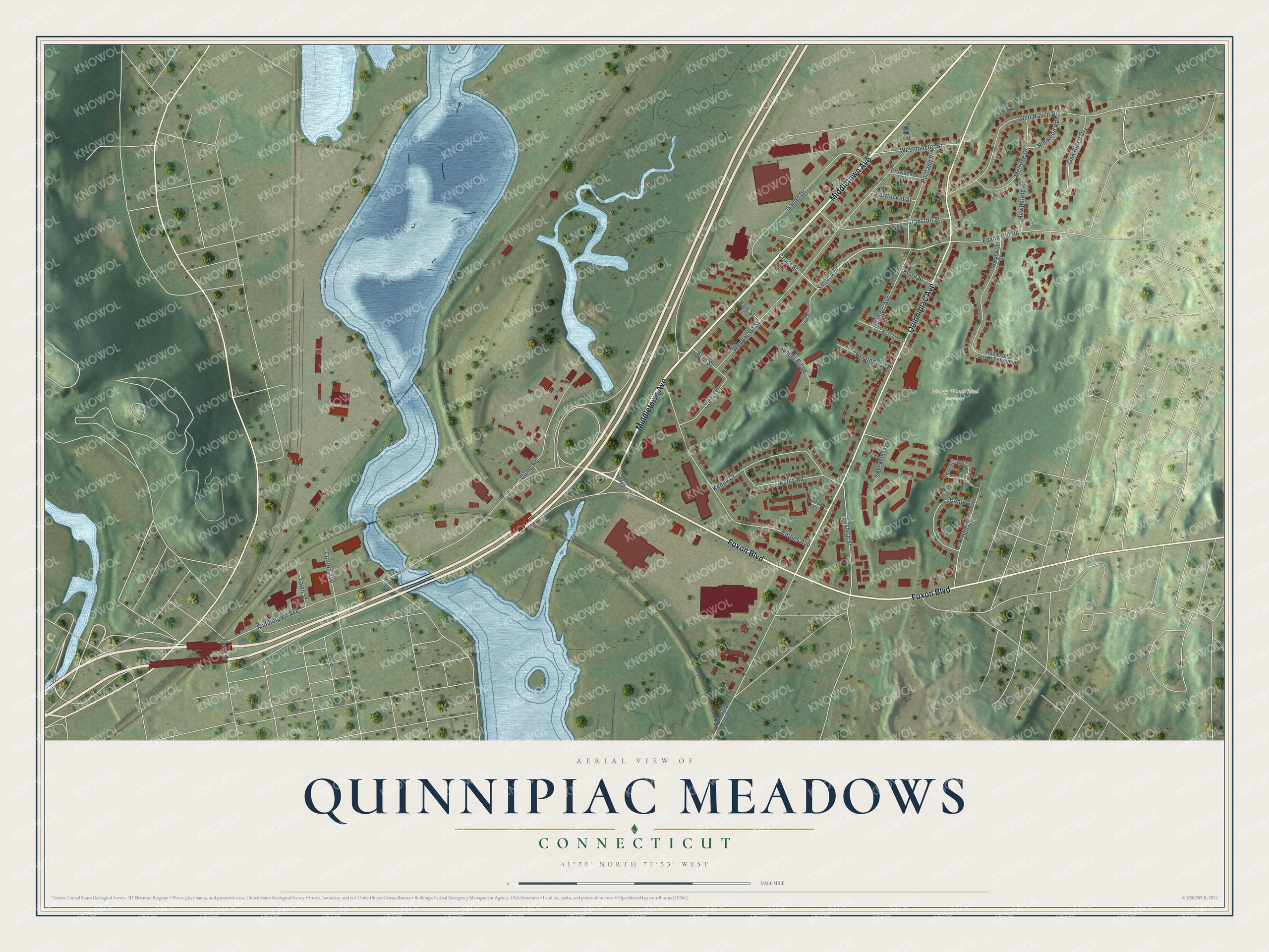 Full map of Quinnipiac Meadows, Connecticut, with red buildings, printed street names and the land around them
