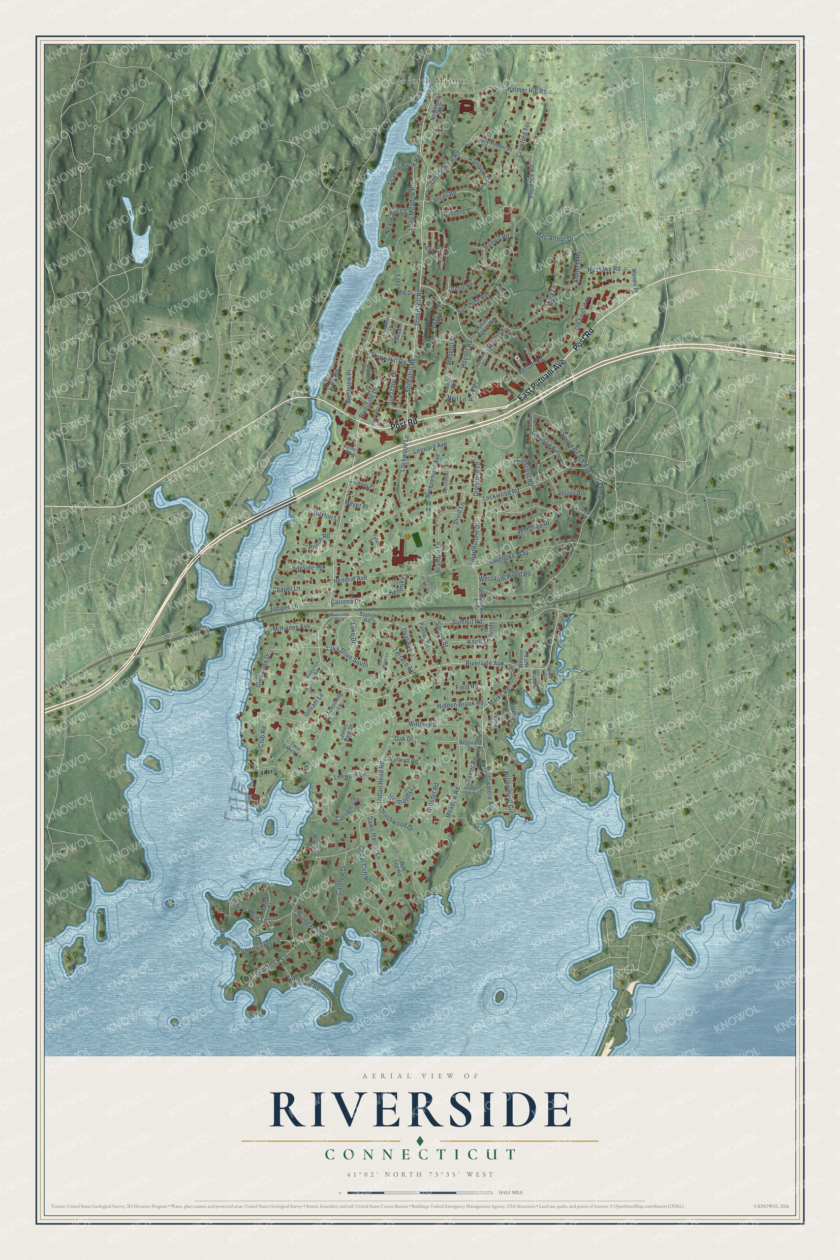 Full map of Riverside, Connecticut, with red buildings, printed street names and the land around them