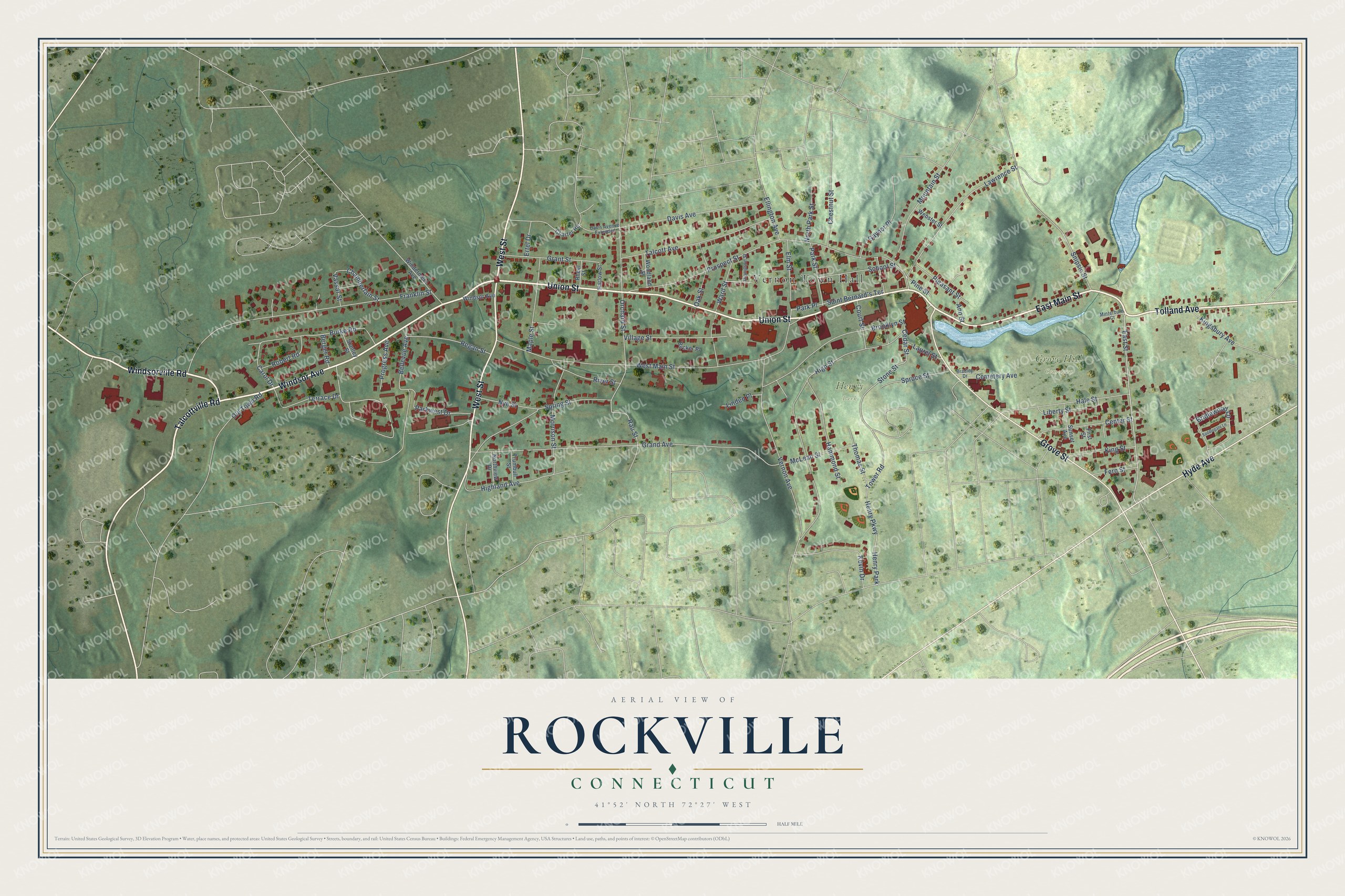 Full map of Rockville, Connecticut, with red buildings, printed street names and the land around them