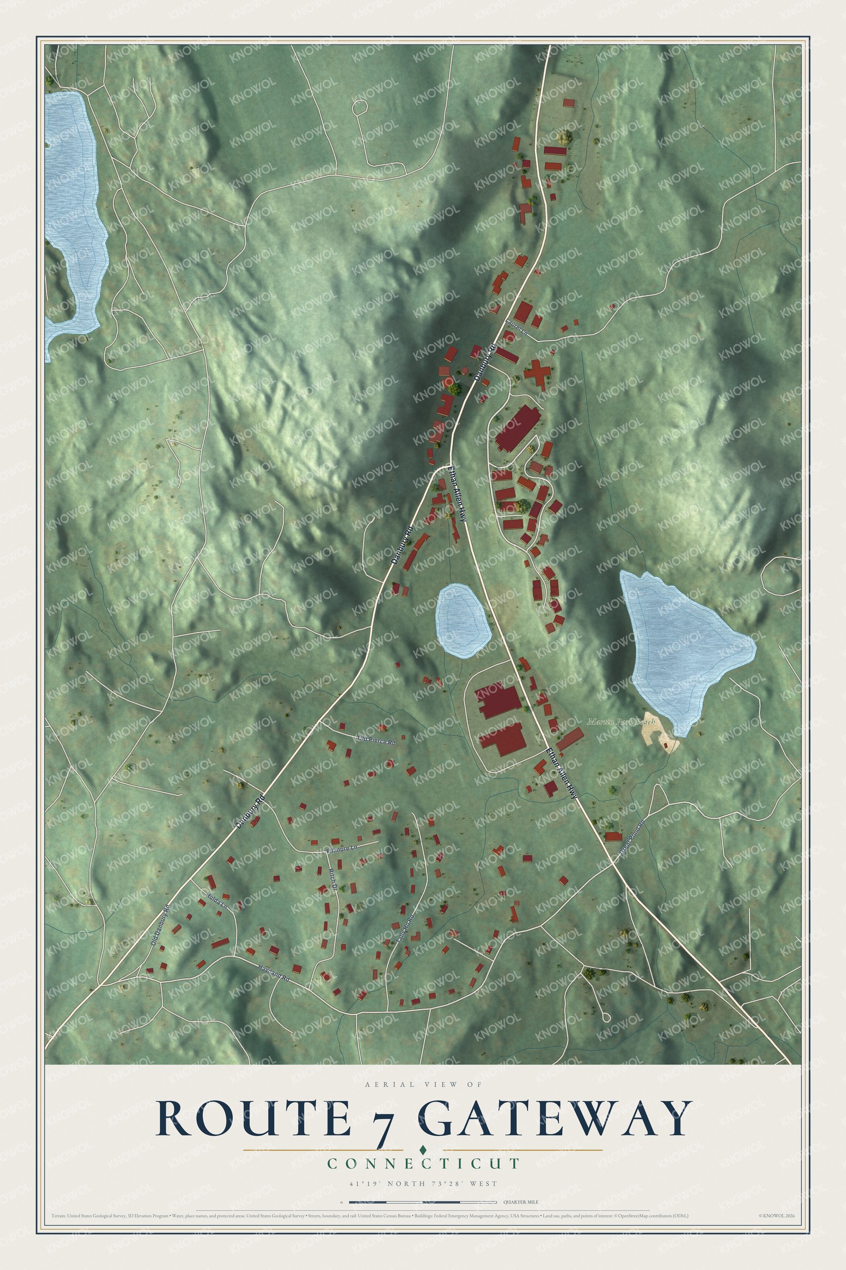 Full map of Route 7 Gateway, Connecticut, with red buildings, printed street names and the land around them