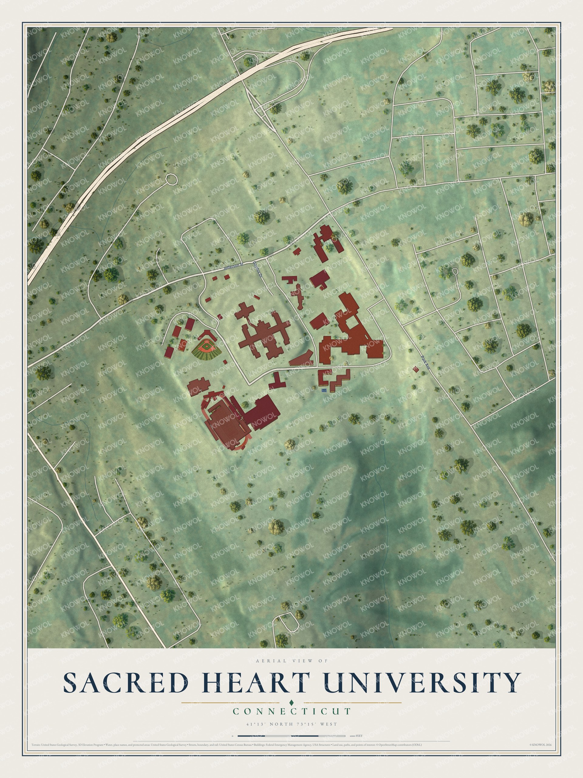 Full map of Sacred Heart University, Connecticut, with red buildings, printed street names and the land around them