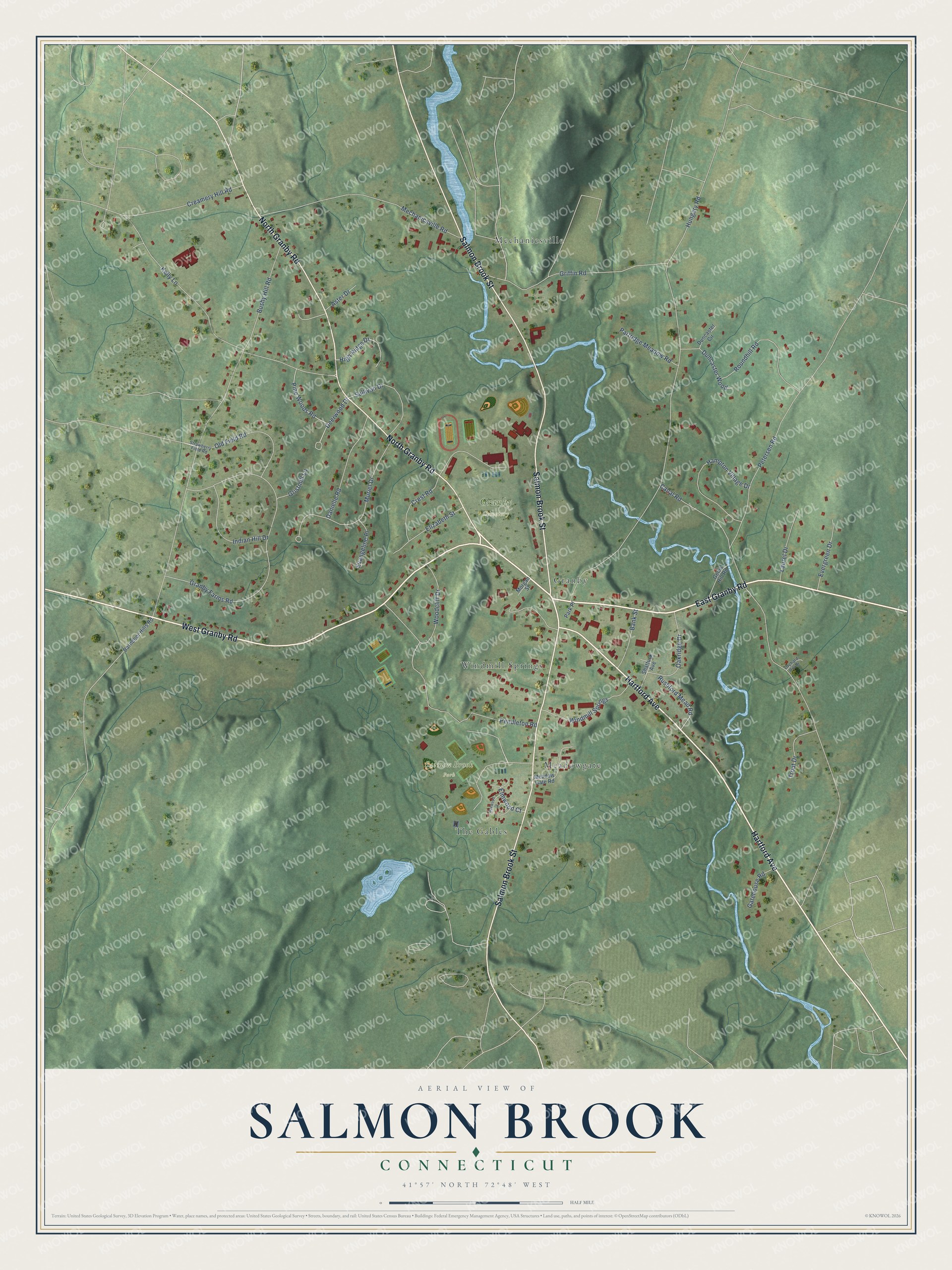 Full map of Salmon Brook, Connecticut, with red buildings, printed street names and the land around them