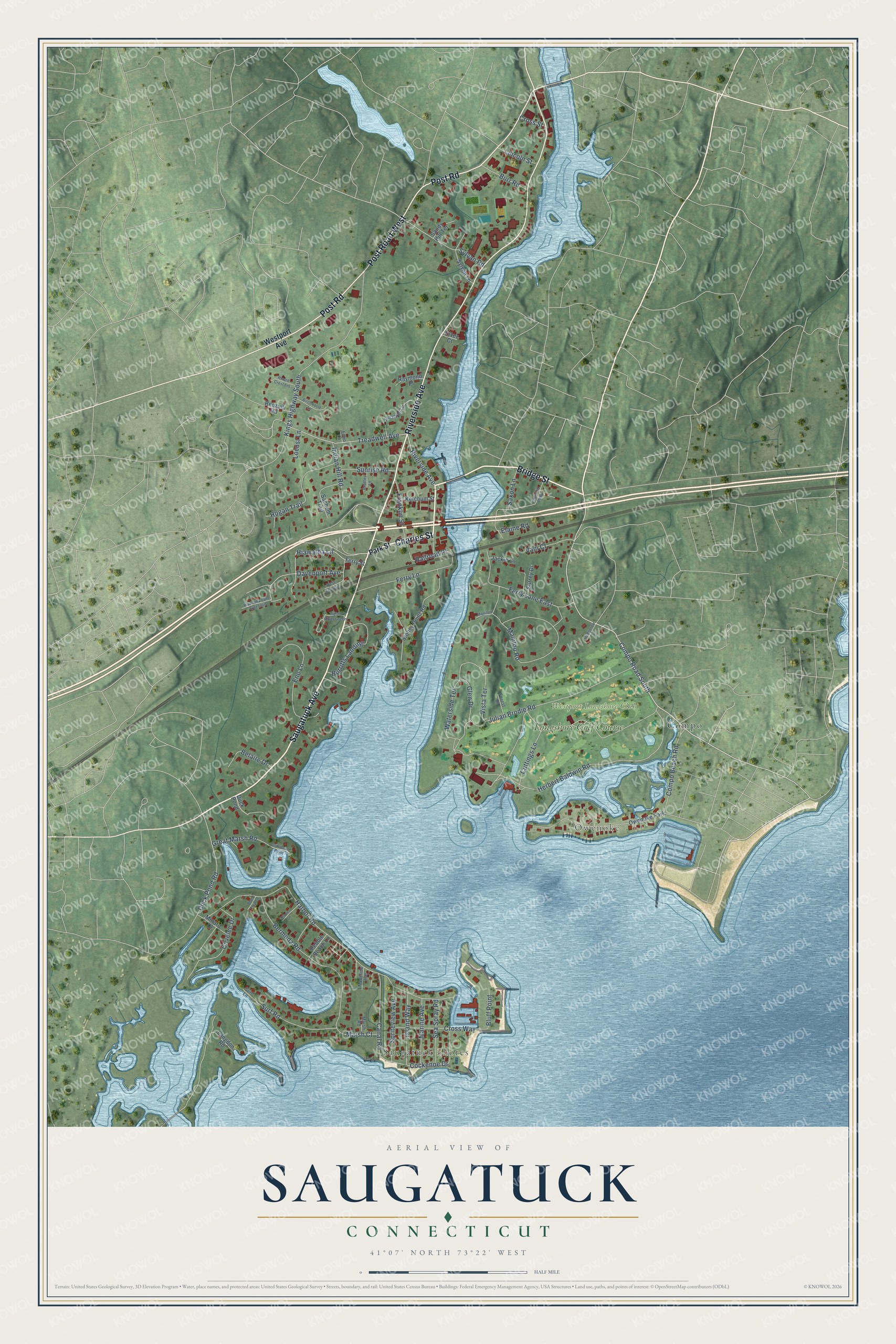 Full map of Saugatuck, Connecticut, with red buildings, printed street names and the land around them