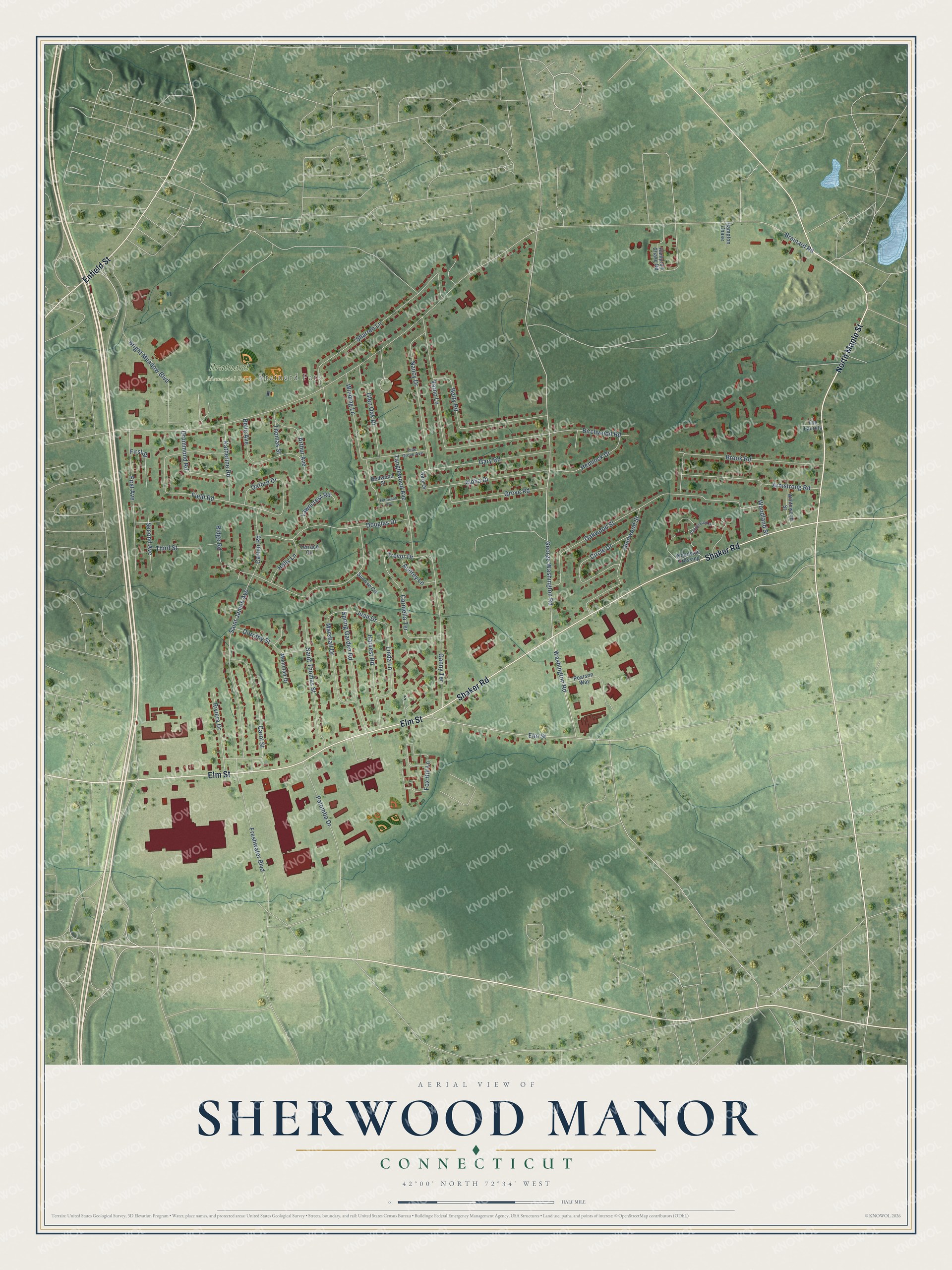 Full map of Sherwood Manor, Connecticut, with red buildings, printed street names and the land around them