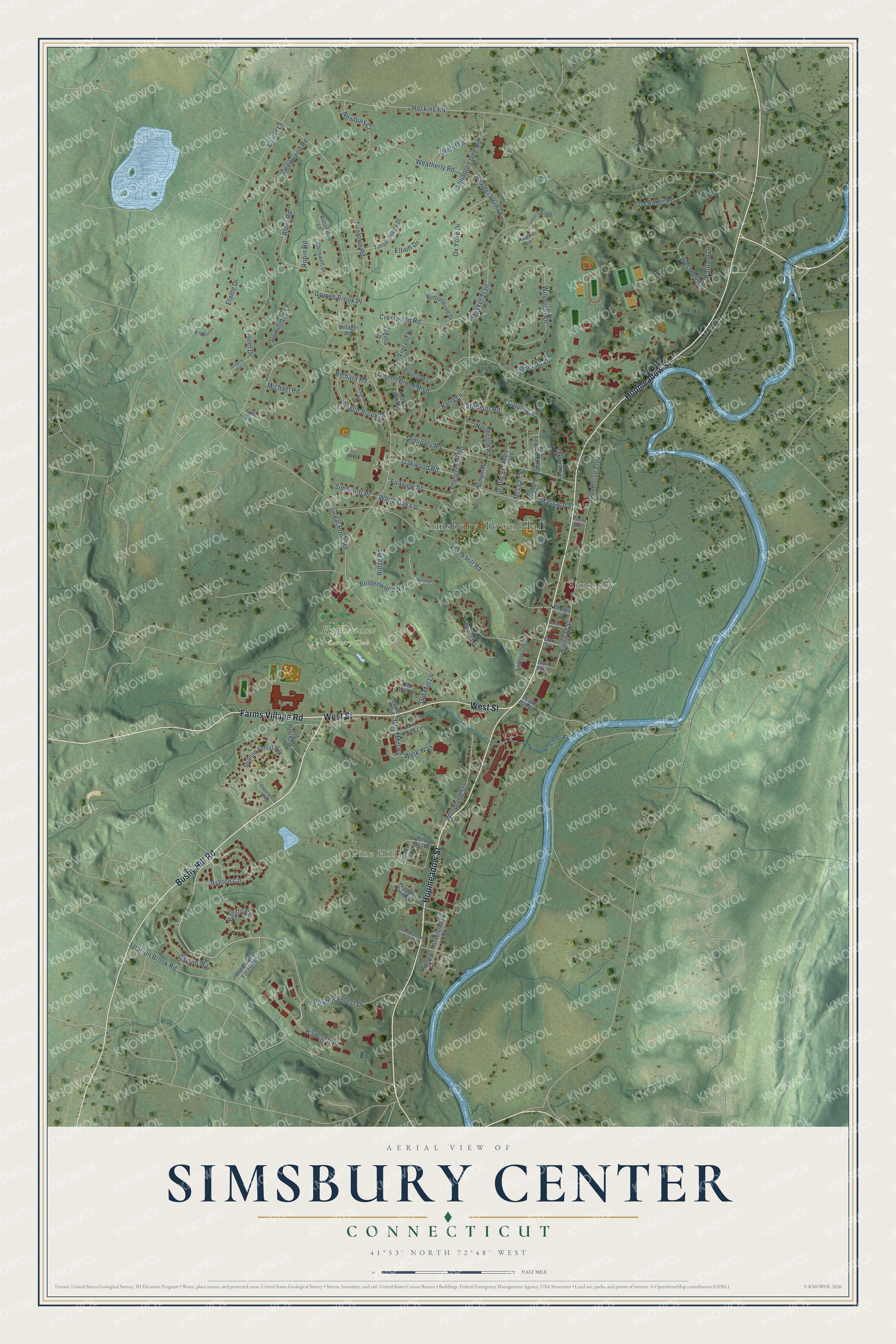 Full map of Simsbury Center, Connecticut, with red buildings, printed street names and the land around them