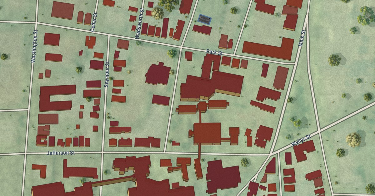Close-up of streets and buildings in South Green, Connecticut