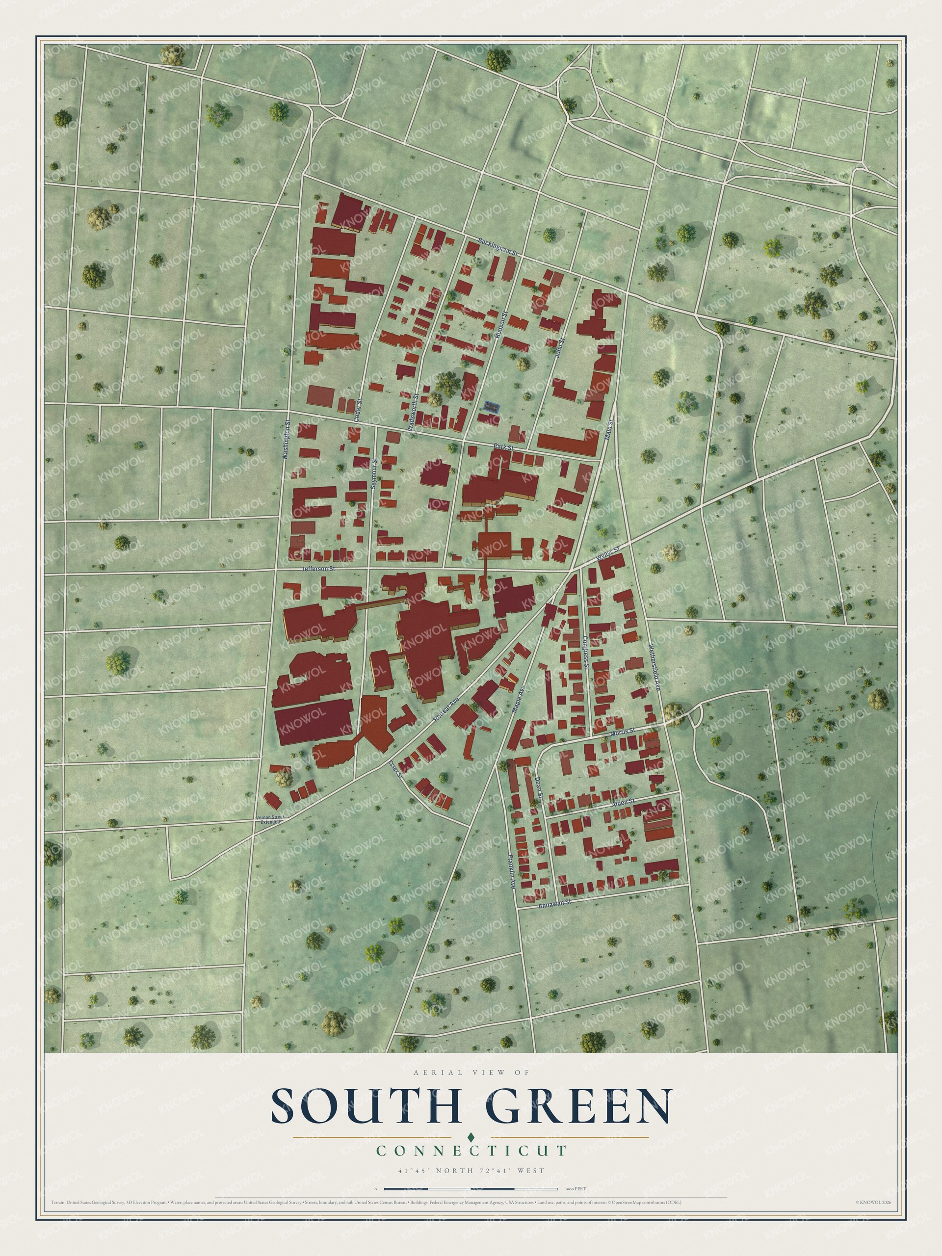 Full map of South Green, Connecticut, with red buildings, printed street names and the land around them